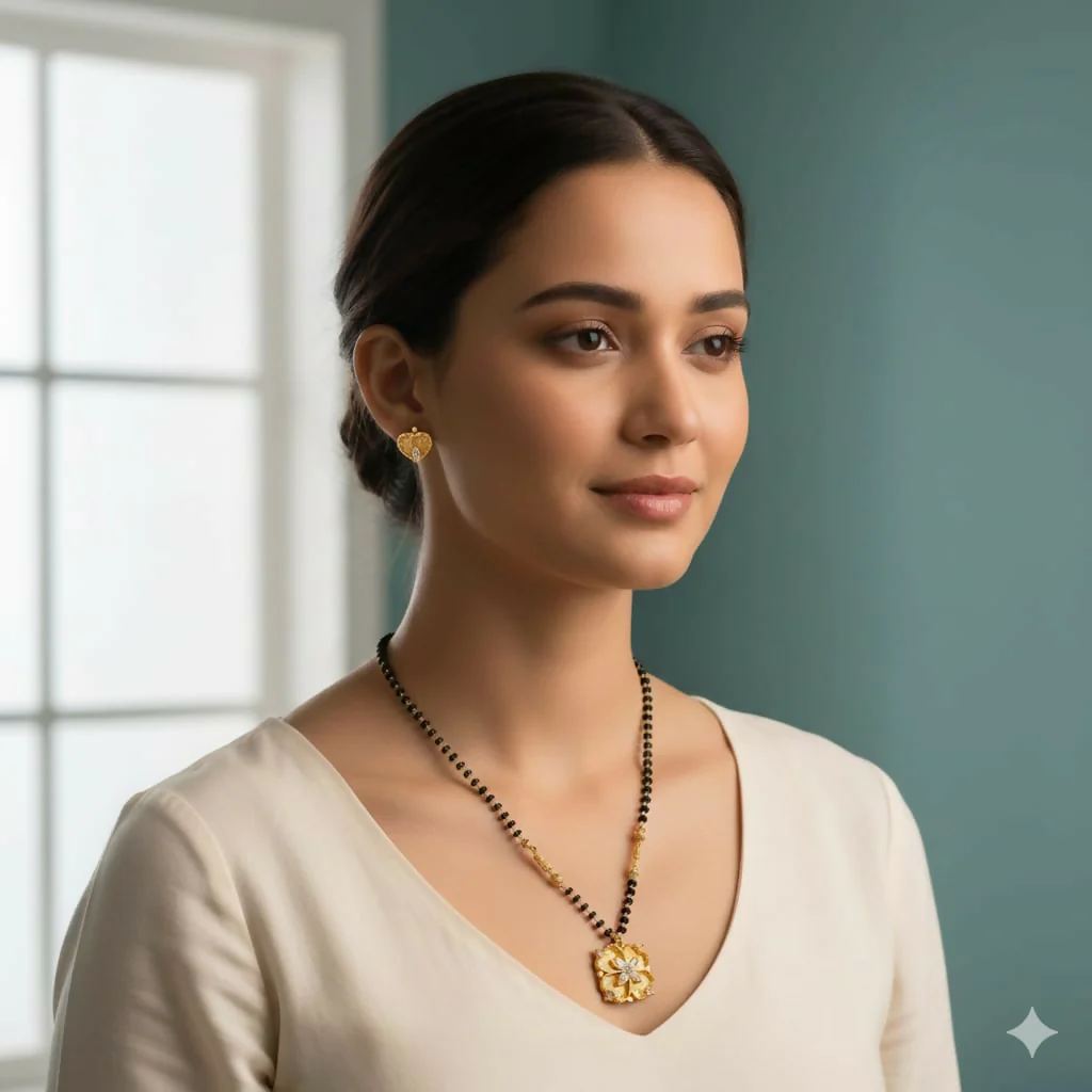 Gold Plated AD Heart Stud Earrings & Floral Mangalsutra Set for women - Image 2
