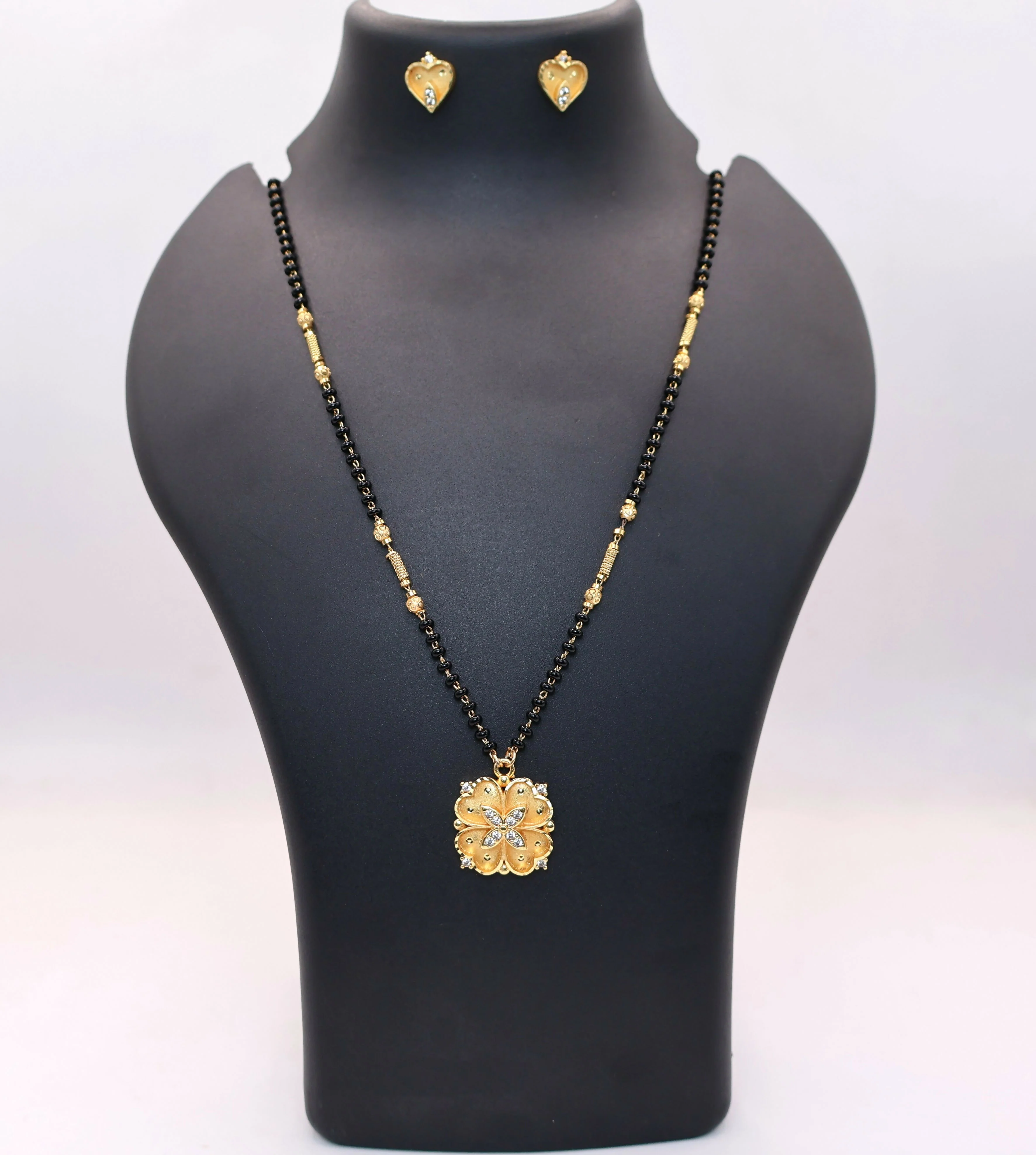 Gold Plated AD Heart Stud Earrings & Floral Mangalsutra Set for women - Image 3