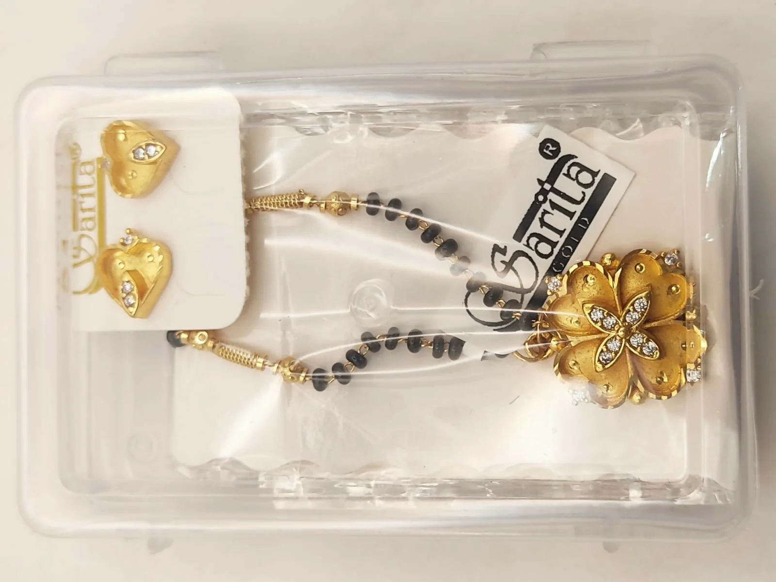 Gold Plated AD Heart Stud Earrings & Floral Mangalsutra Set for women - Image 4