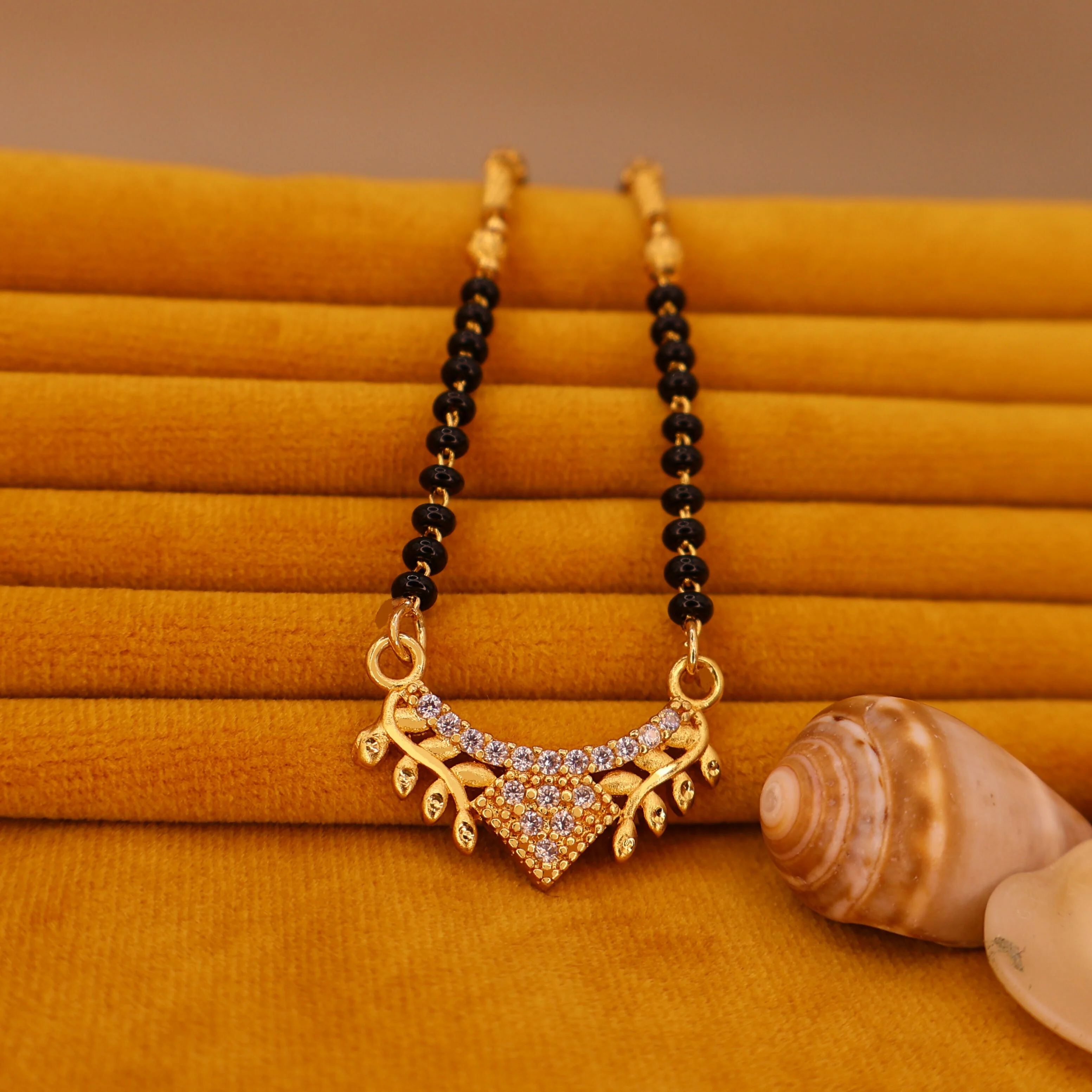 Gold Plated AD Pendant Mangalsutra with Black Bead Chain - Image 2