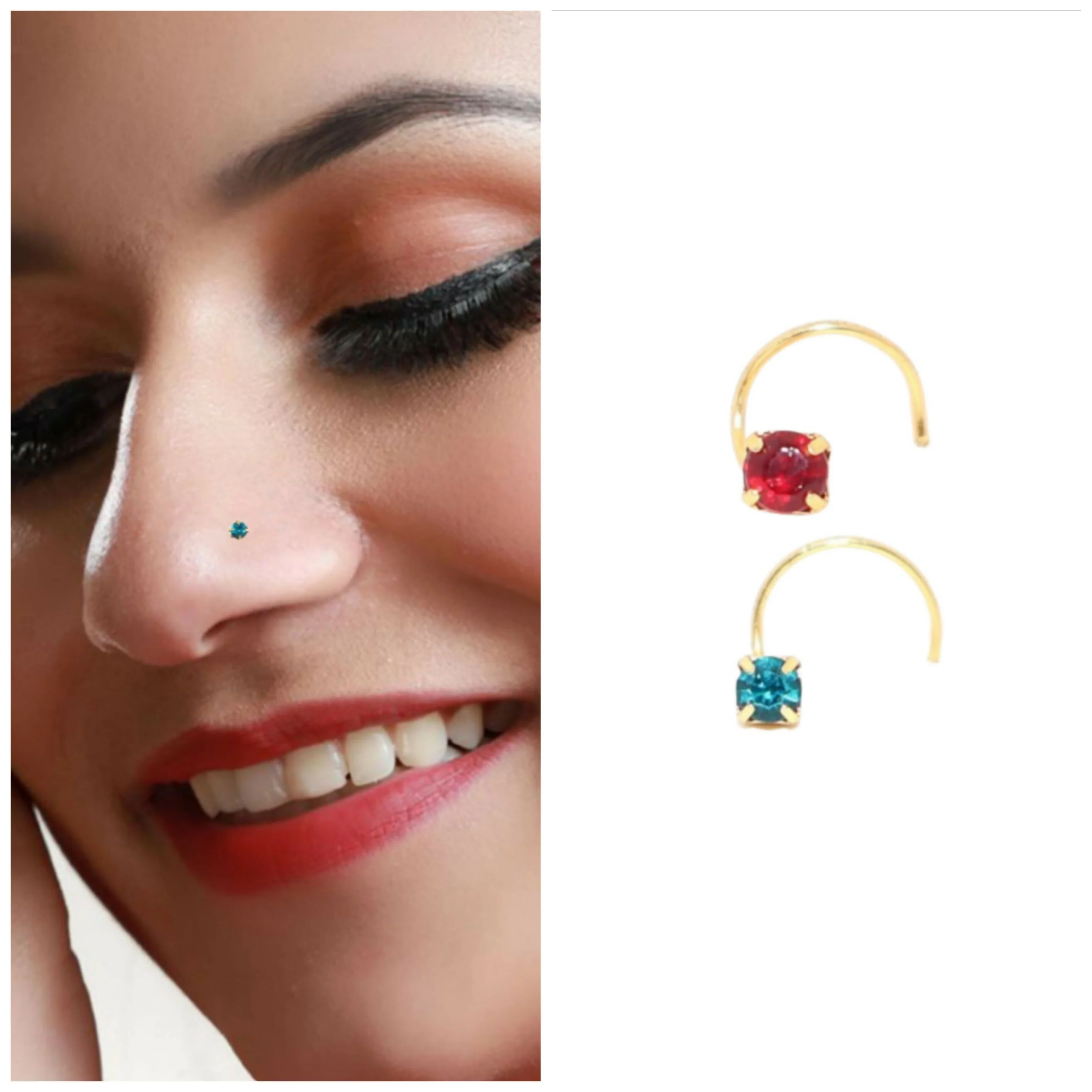 Gold Plated AD Ruby Red & Sky Blue Crystal Nose Pin KATI Set 2 - Image 2
