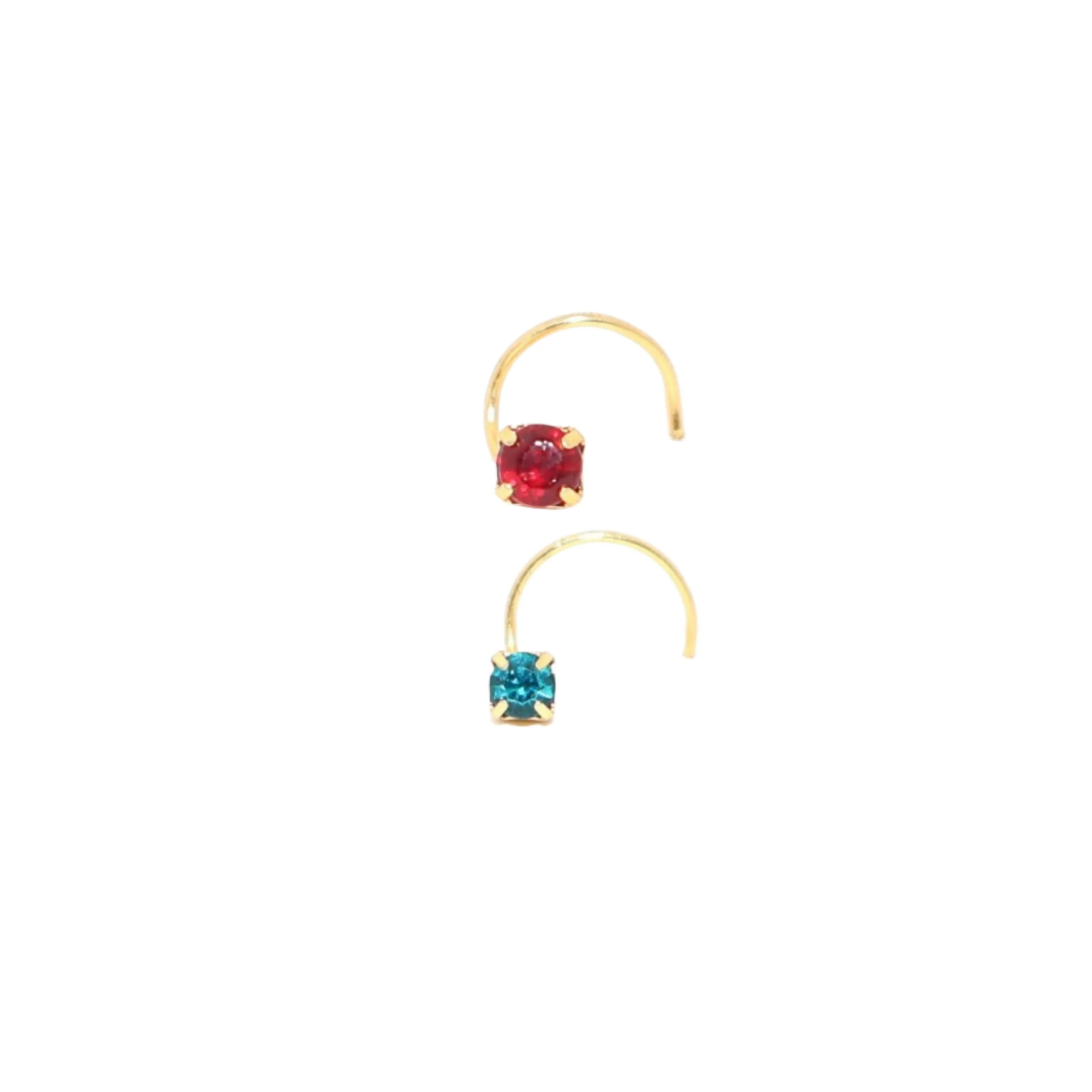 Gold Plated AD Ruby Red & Sky Blue Crystal Nose Pin KATI Set 2 - Image 3