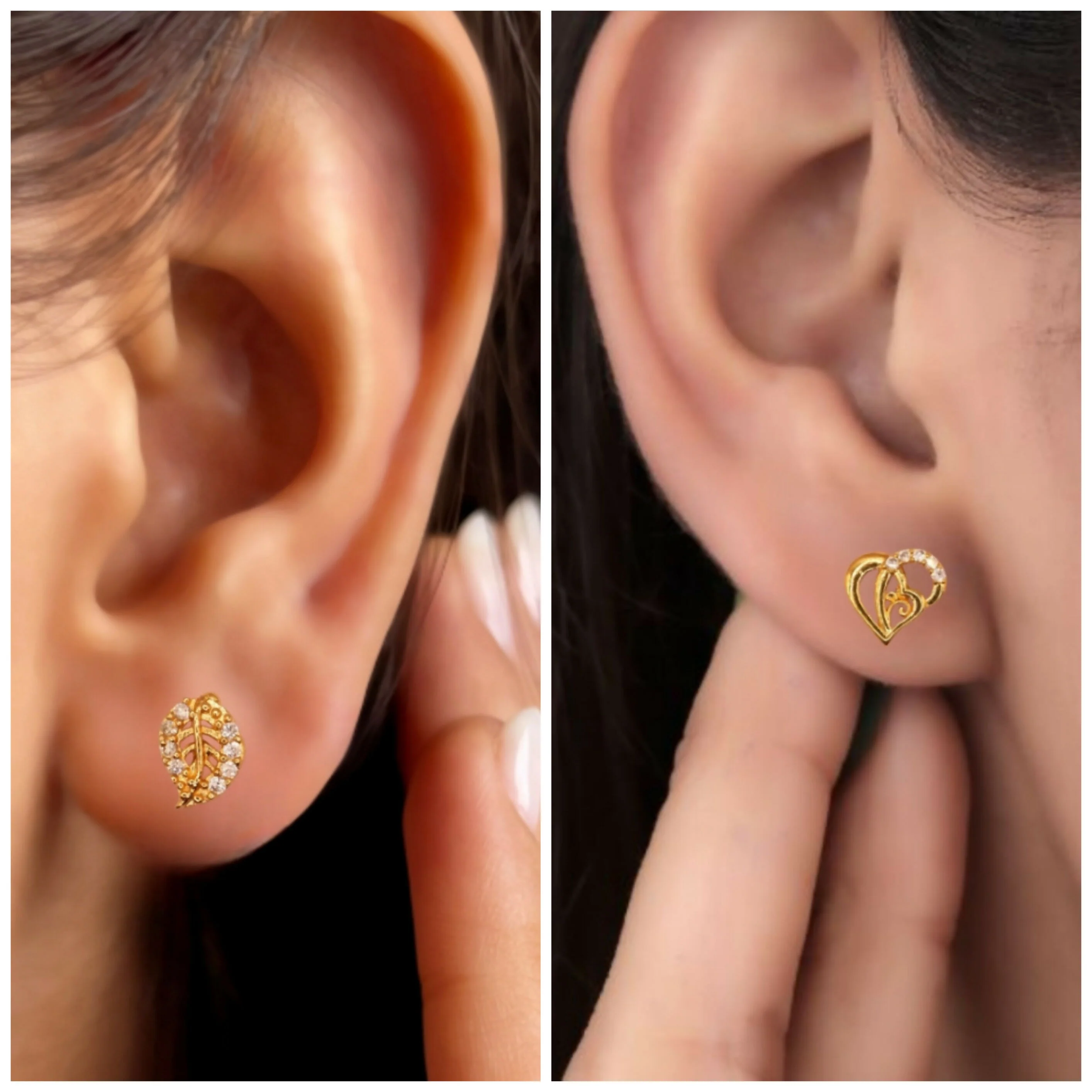 Gold Plated AD Stud Earrings Combo: Heart & Leaf Designs for women and girls Combo Pack of 2 - Image 2