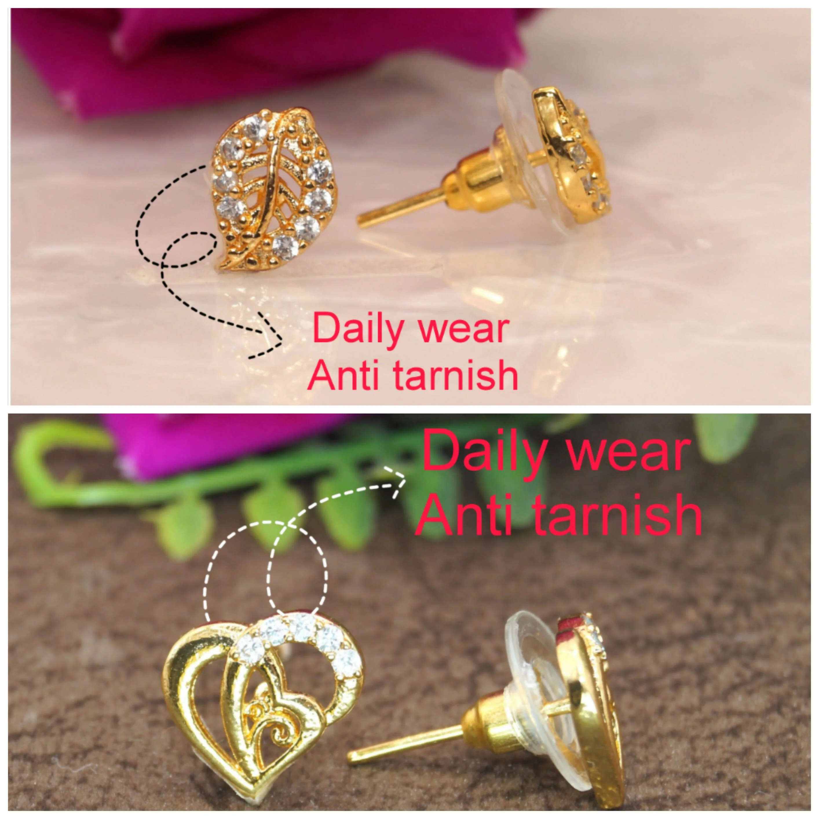Gold Plated AD Stud Earrings Combo: Heart & Leaf Designs for women and girls Combo Pack of 2 - Image 3