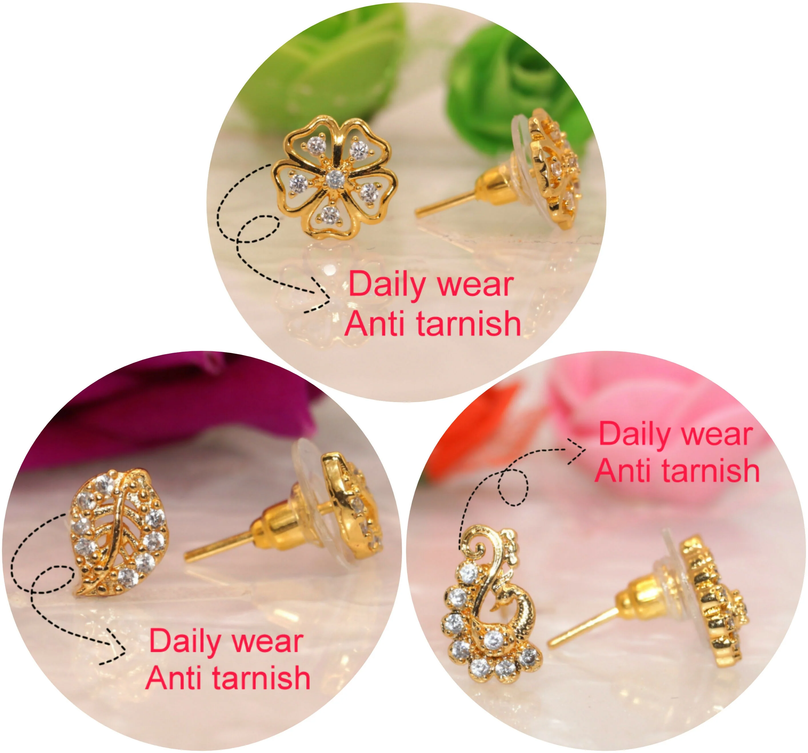 Gold Plated AD Stud Earrings Combo Set of 3 for Women & Girls - Image 3