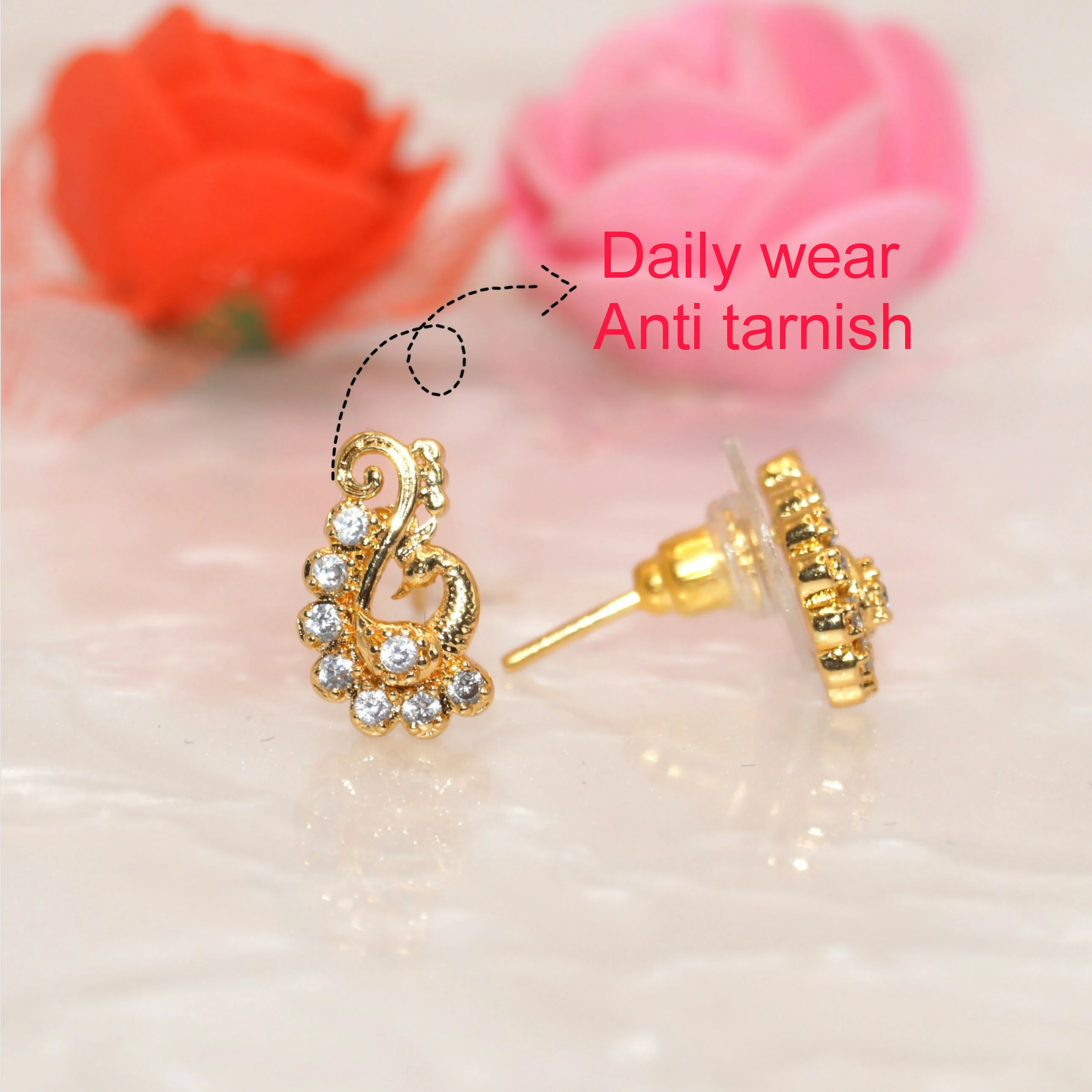 Gold Plated AD Stud Earrings | Modern S-Curve Design for women & girls - Image 3