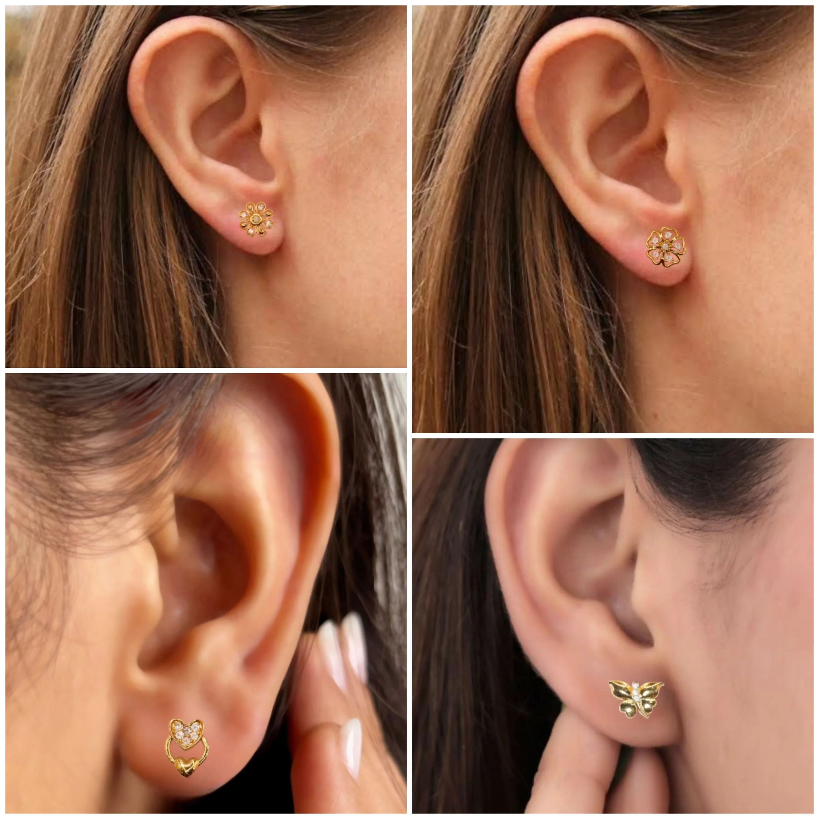 Gold Plated AD Studs Combo - Heart, Flower, Butterfly Set of 4 for women and girls - Image 2