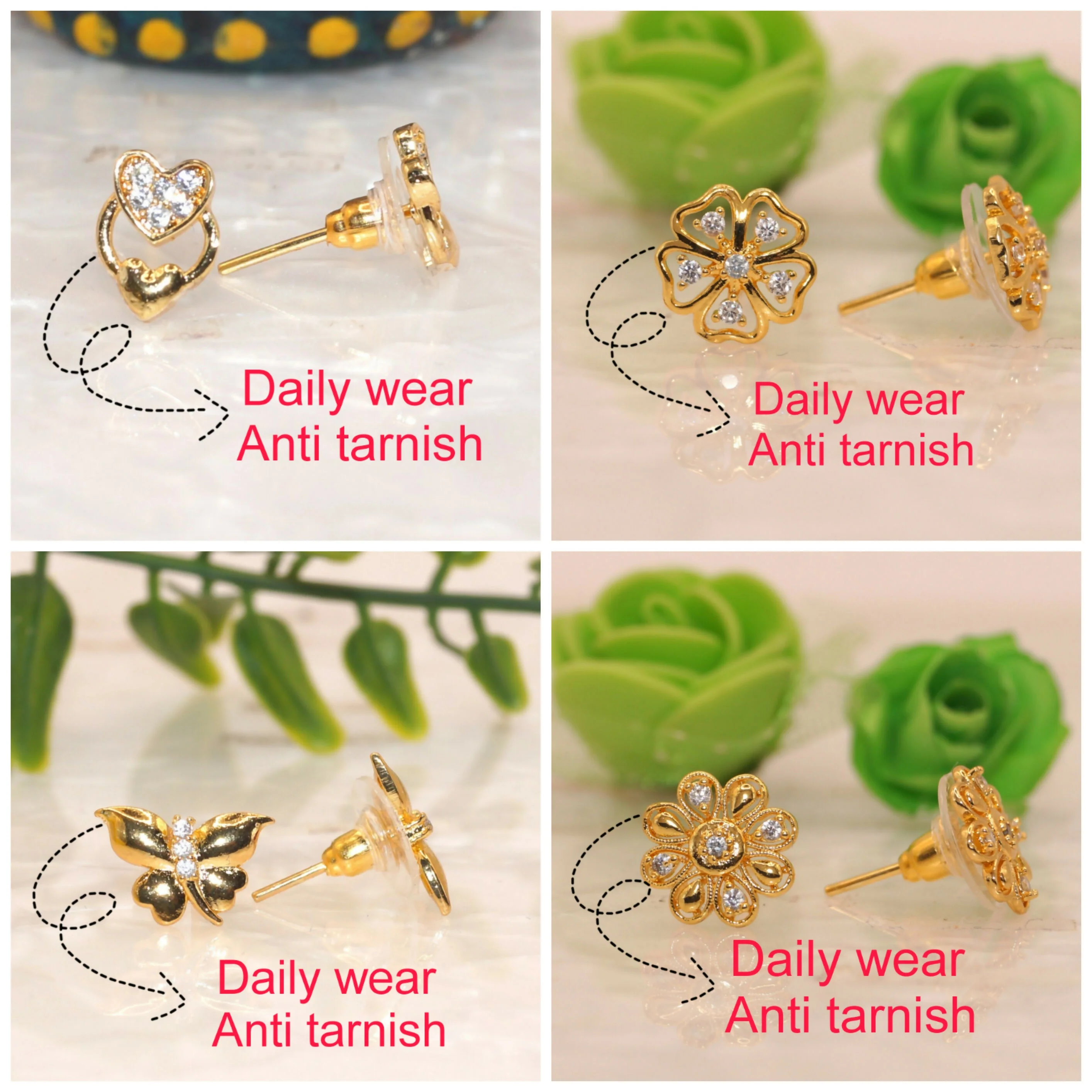 Gold Plated AD Studs Combo - Heart, Flower, Butterfly Set of 4 for women and girls - Image 3