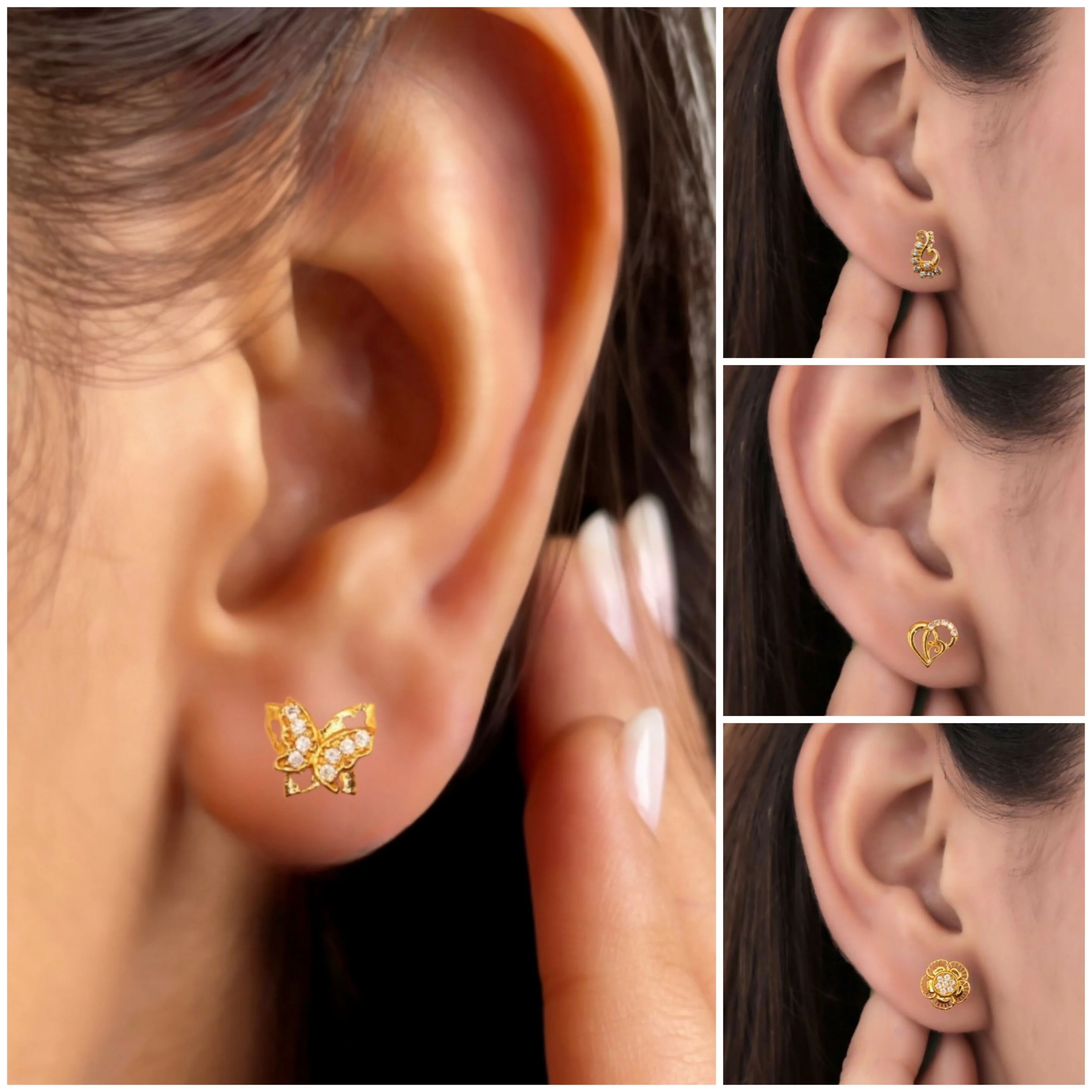 Gold Plated AD Studs Combo - Peacock, Butterfly, Flower & Heart Set for women and girls Combo Pack of 4 - Image 2