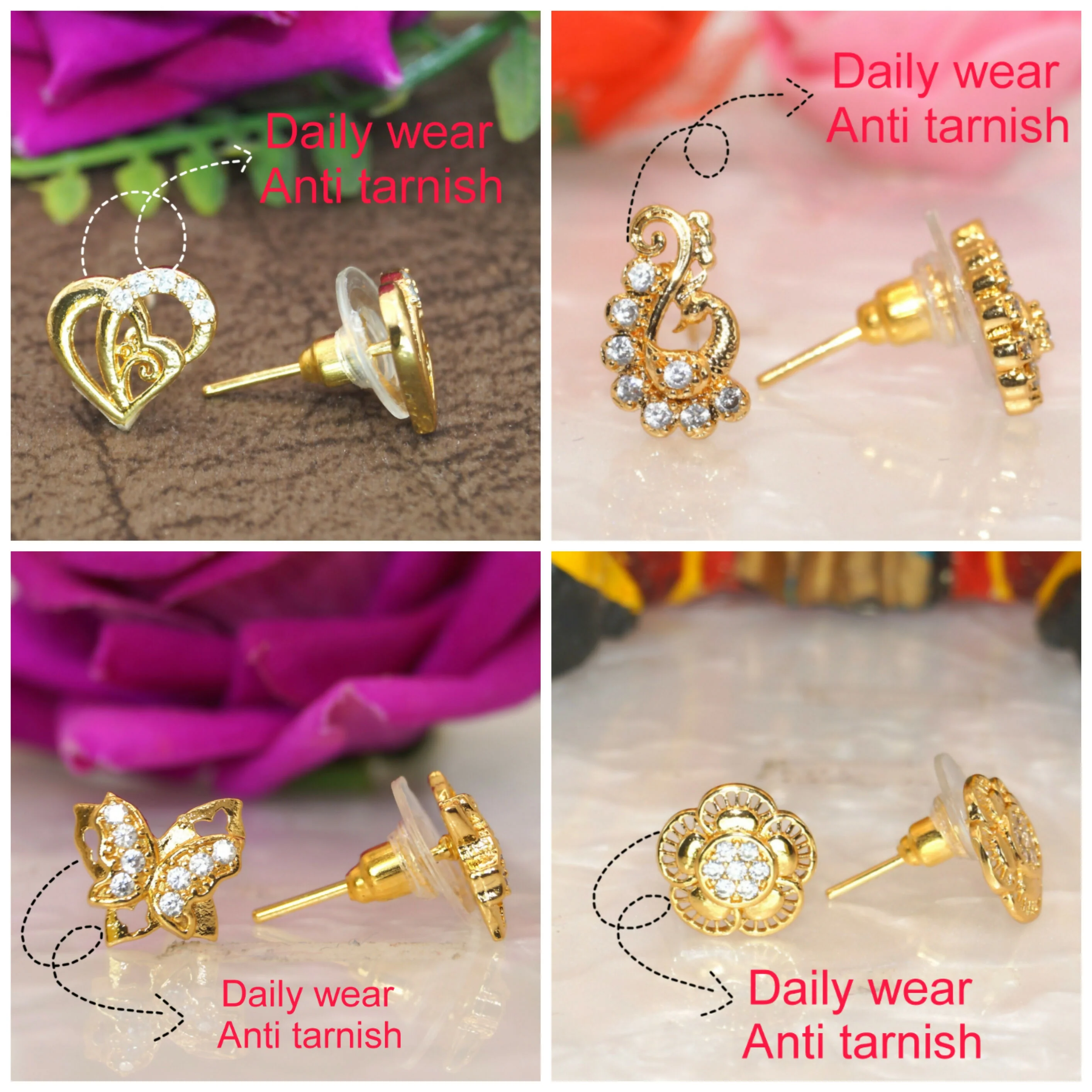 Gold Plated AD Studs Combo - Peacock, Butterfly, Flower & Heart Set for women and girls Combo Pack of 4 - Image 3