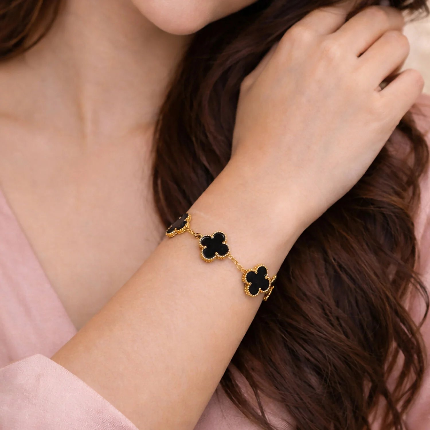 Gold Plated Black Clover Charm Bracelet for Women & Girls – Elegant Designer Chain Bracelet - Image 2