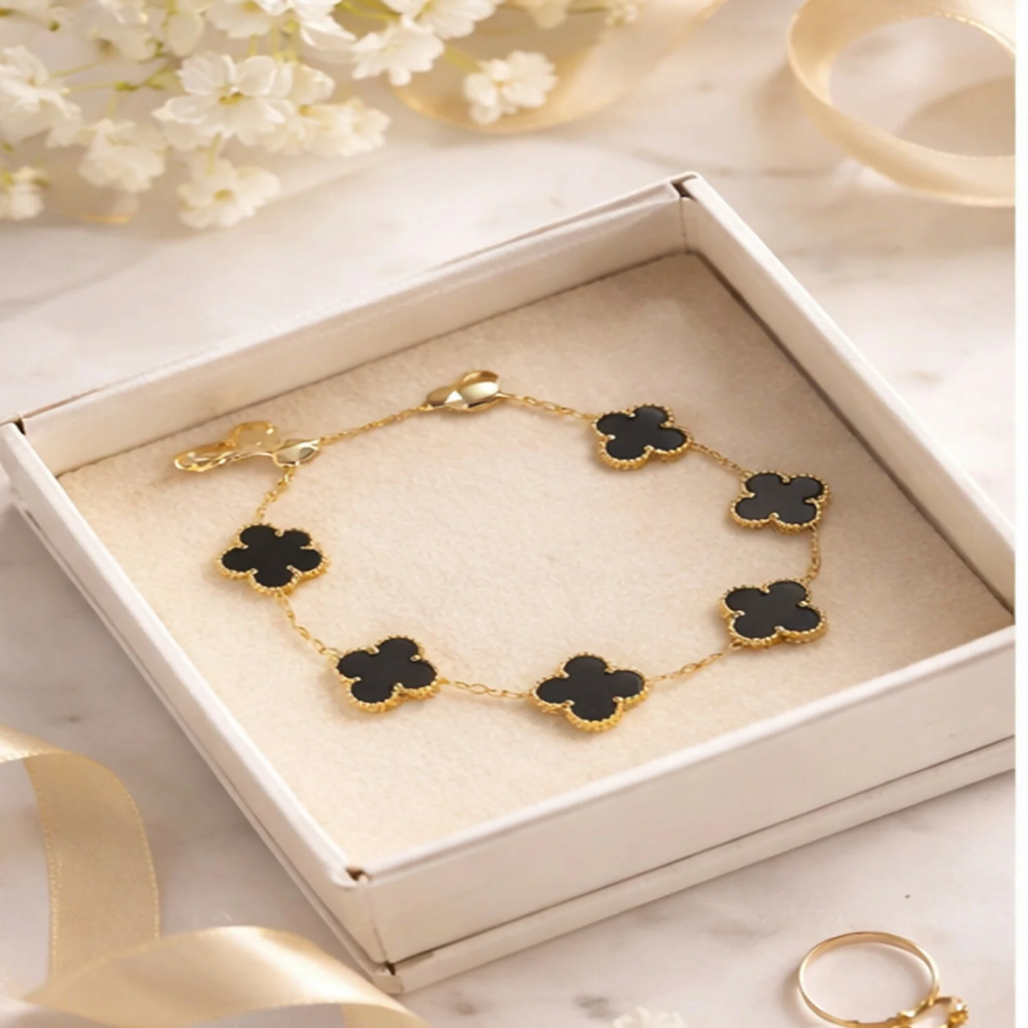Gold Plated Black Clover Charm Bracelet for Women & Girls – Elegant Designer Chain Bracelet - Image 3