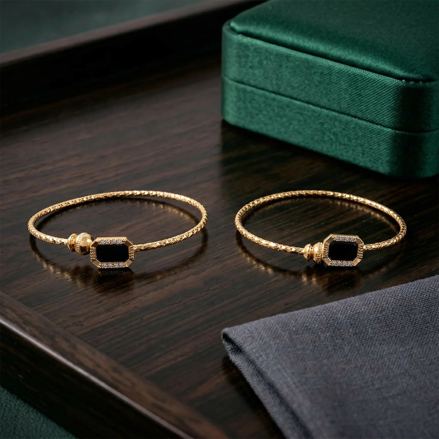 Gold Plated Black Stone Designer Open Bangle Bracelet for Women - Image 2