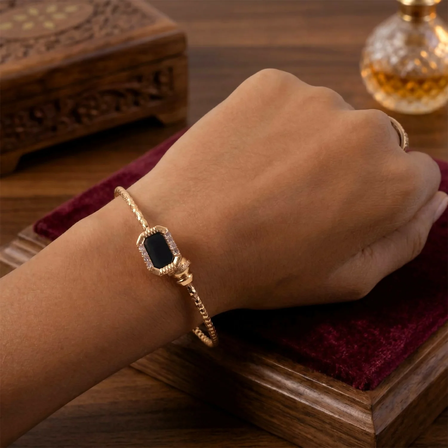 Gold Plated Black Stone Designer Open Bangle Bracelet for Women - Image 3