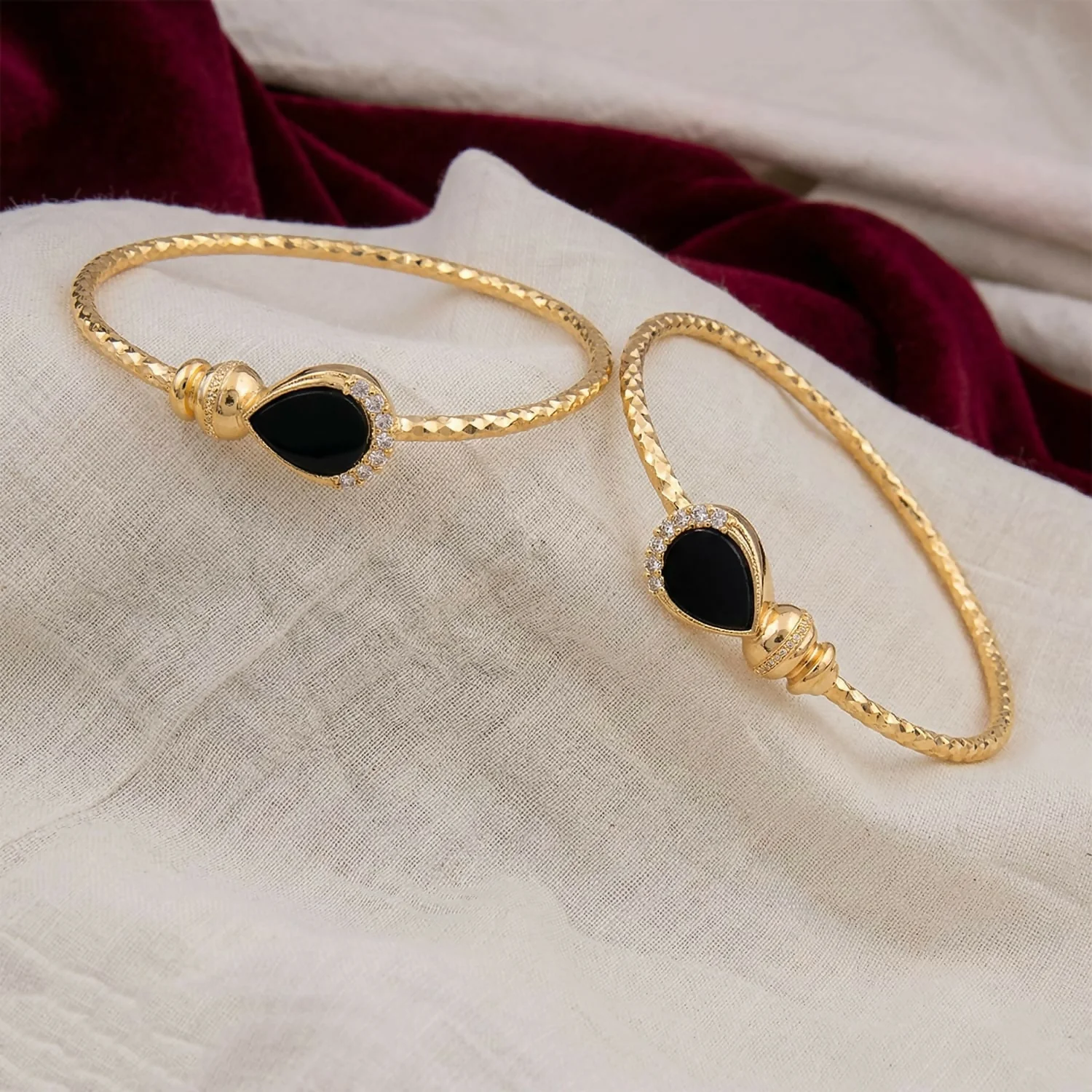 Gold Plated Black Stone Openable Bracelet Pair - Image 2