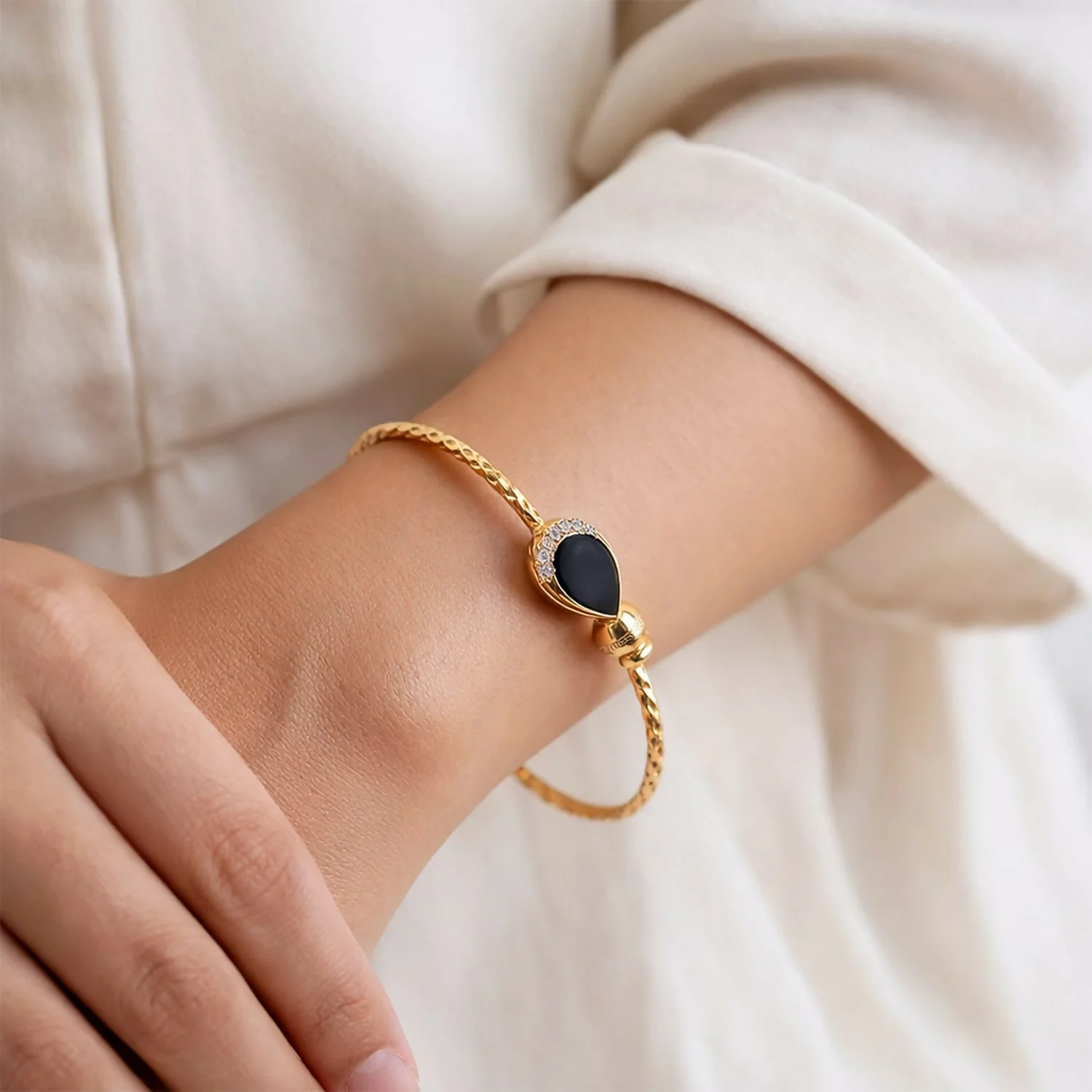 Gold Plated Black Stone Openable Bracelet Pair - Image 4