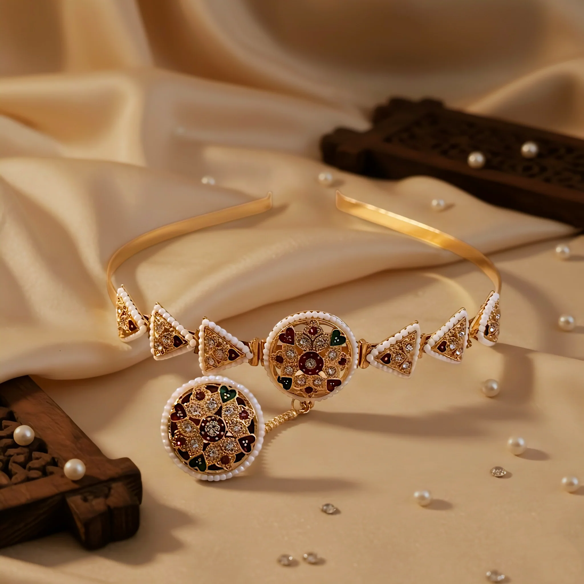 Gold-Plated Borla Sheeshphool with Matha Patti (hair band) - Image 4