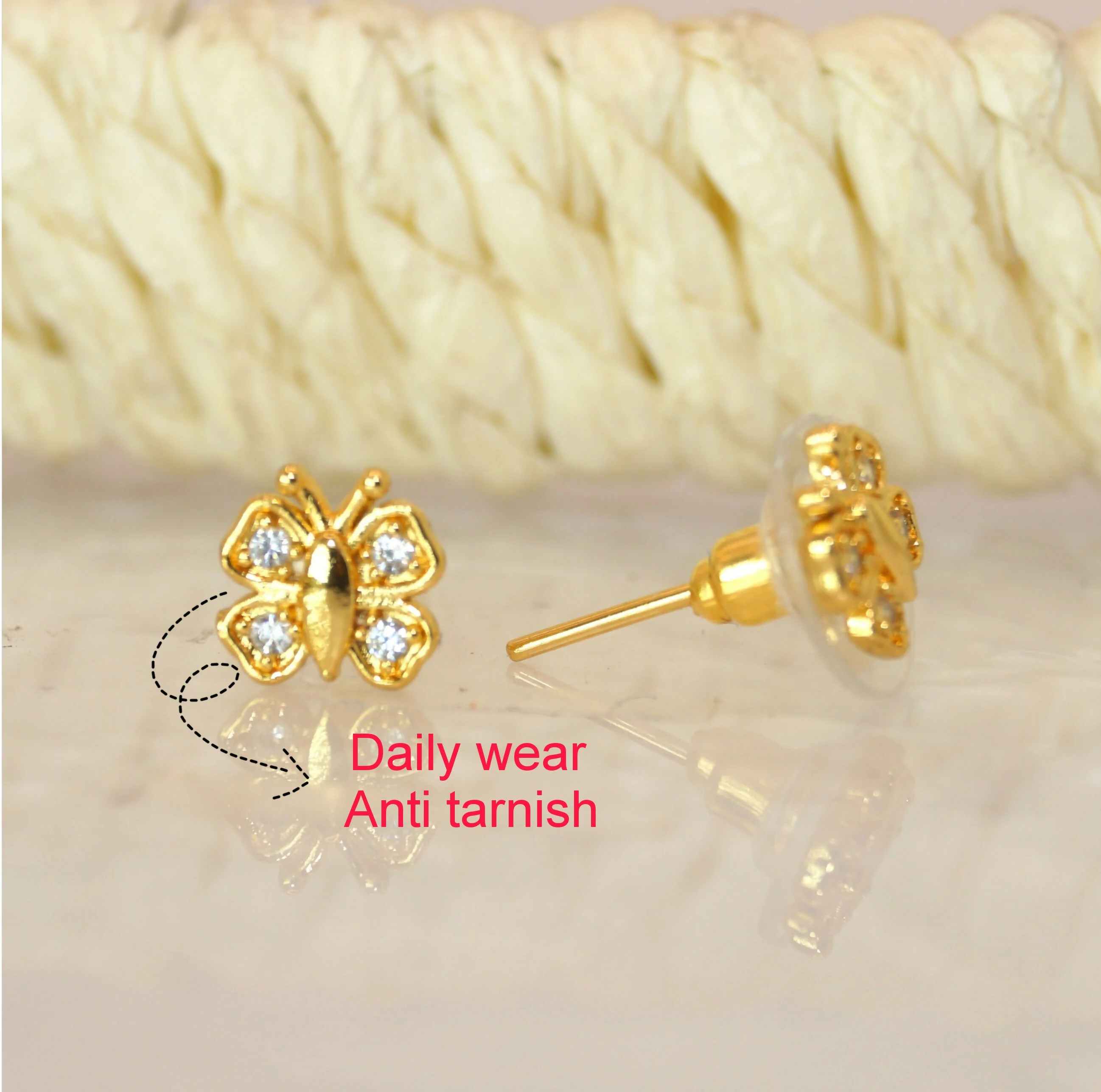 Gold Plated Butterfly Stud Earrings with Diamond-Cut Stones for Women & girls - Image 3