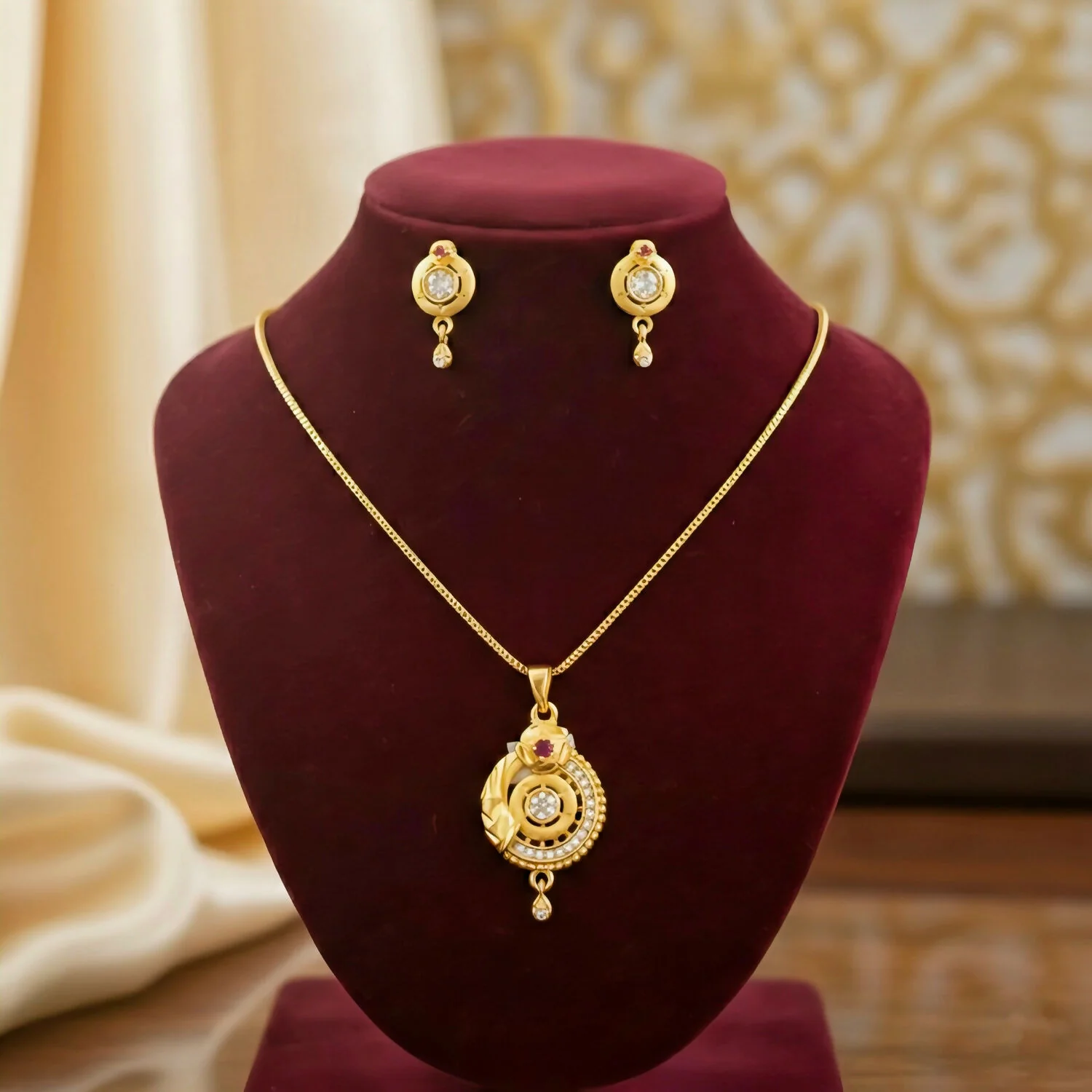 Gold-Plated Circular Pendant Necklace with Matching Drop Earrings set - Image 2