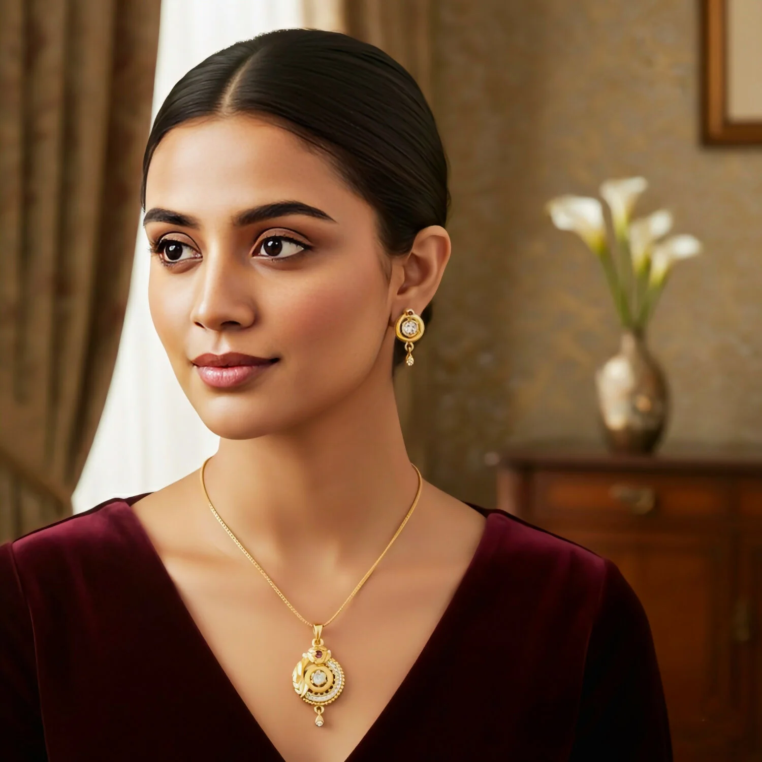 Gold-Plated Circular Pendant Necklace with Matching Drop Earrings set - Image 3