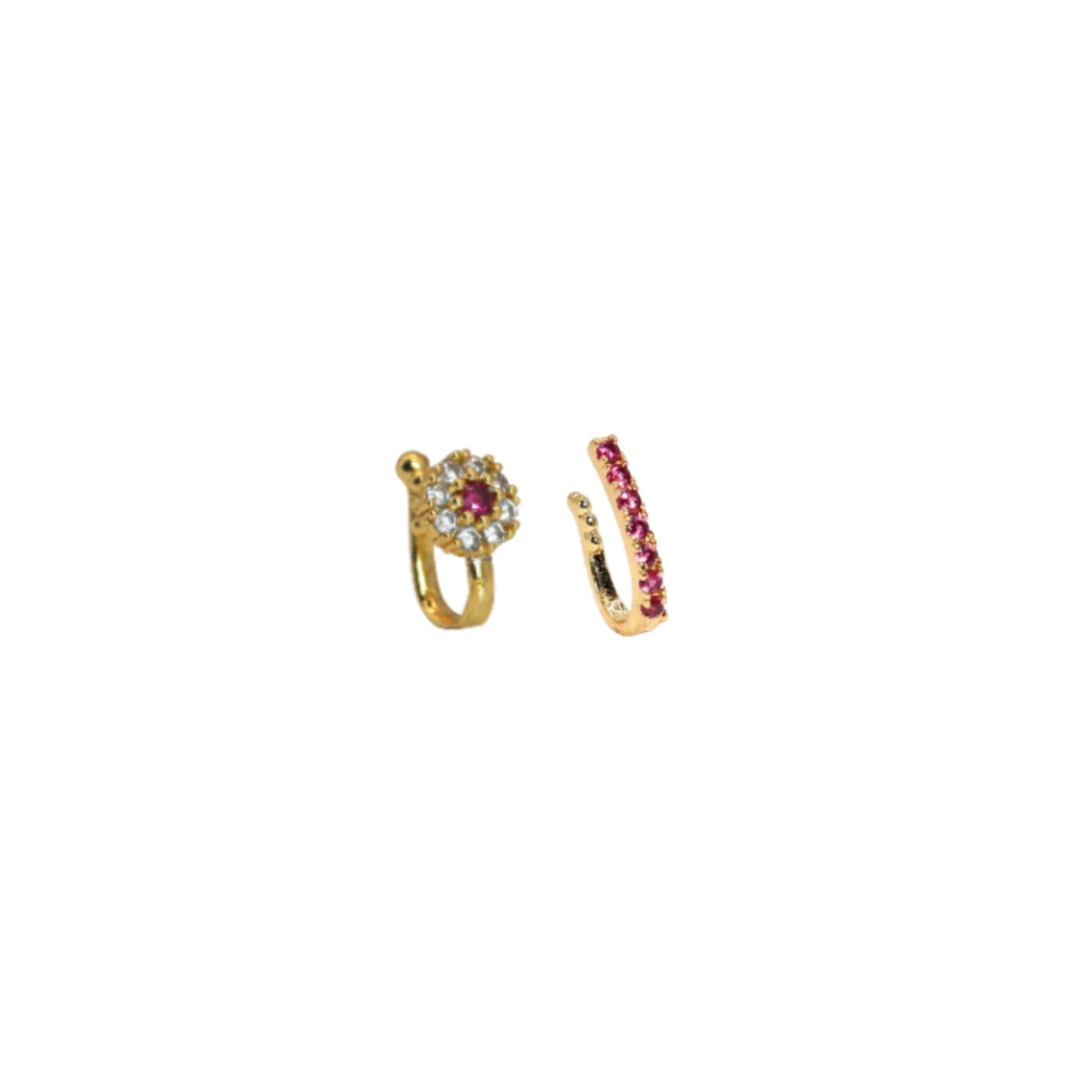 Gold Plated Clip-On Nose Pin Set AD & Pink Stone Combo Pack of 2 - Image 2