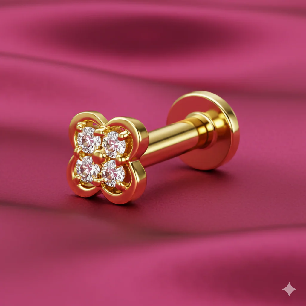 Gold plated Clover Flat-Back AD Nosepin Stud Piercing for women and girls - Image 2