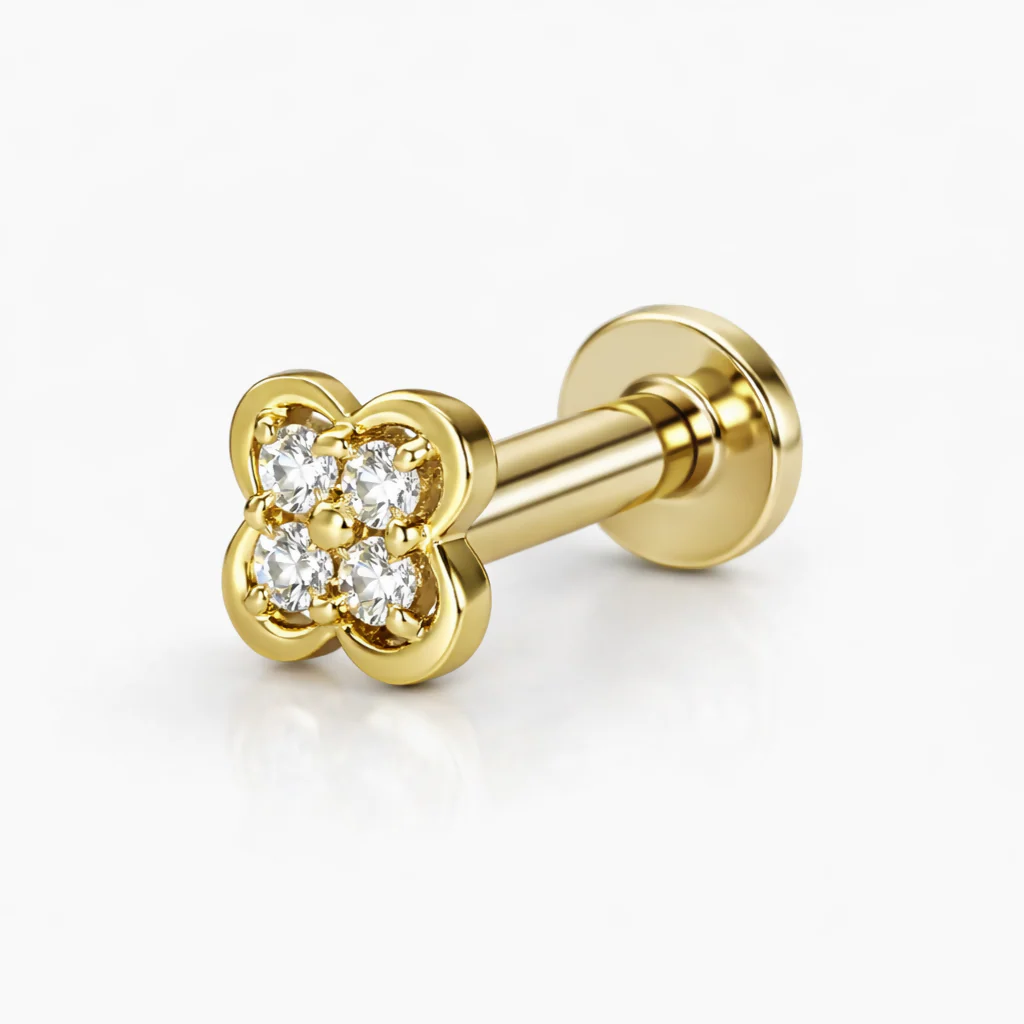 Gold plated Clover Flat-Back AD Nosepin Stud Piercing for women and girls - Image 3