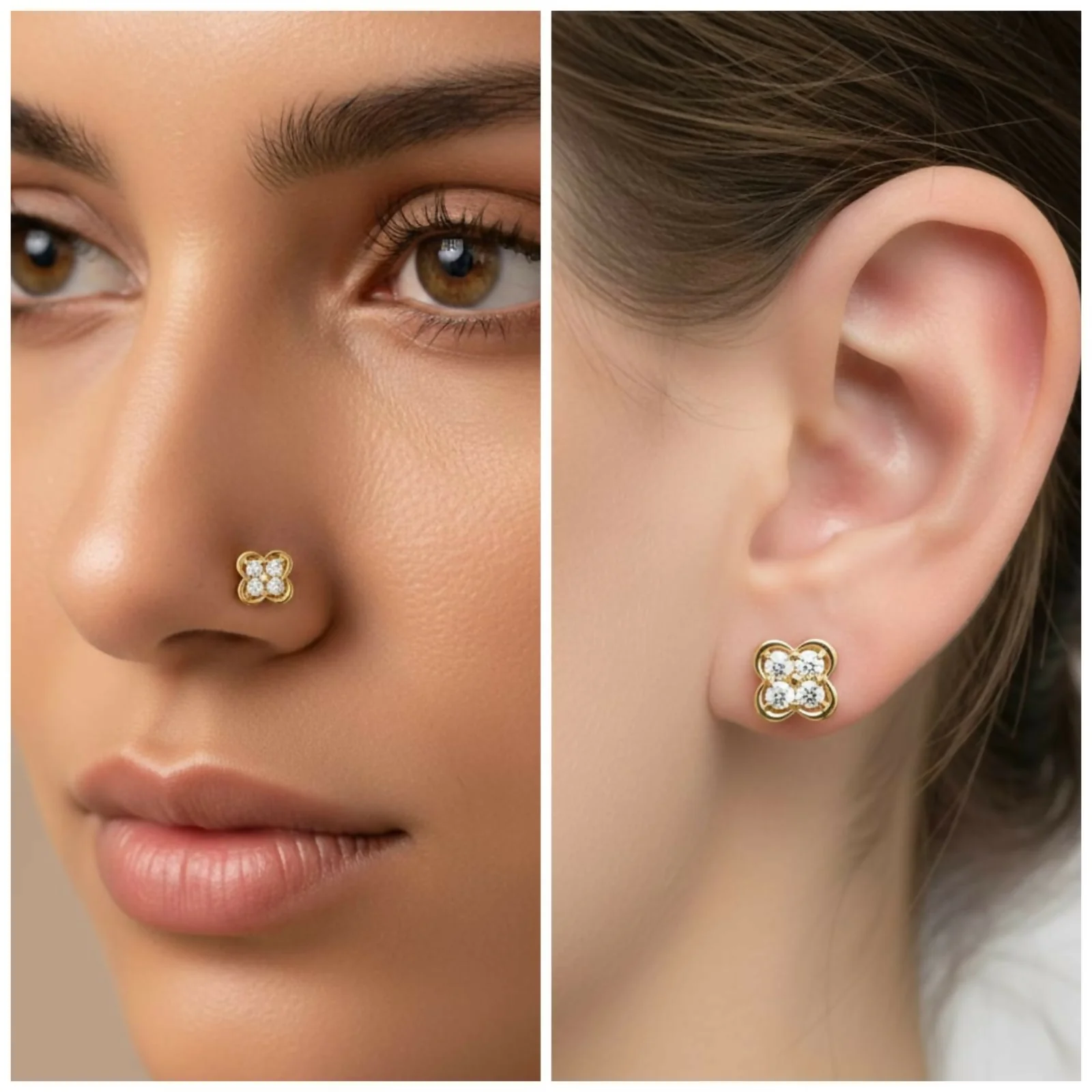 Gold plated Clover Flat-Back AD Nosepin Stud Piercing for women and girls - Image 4