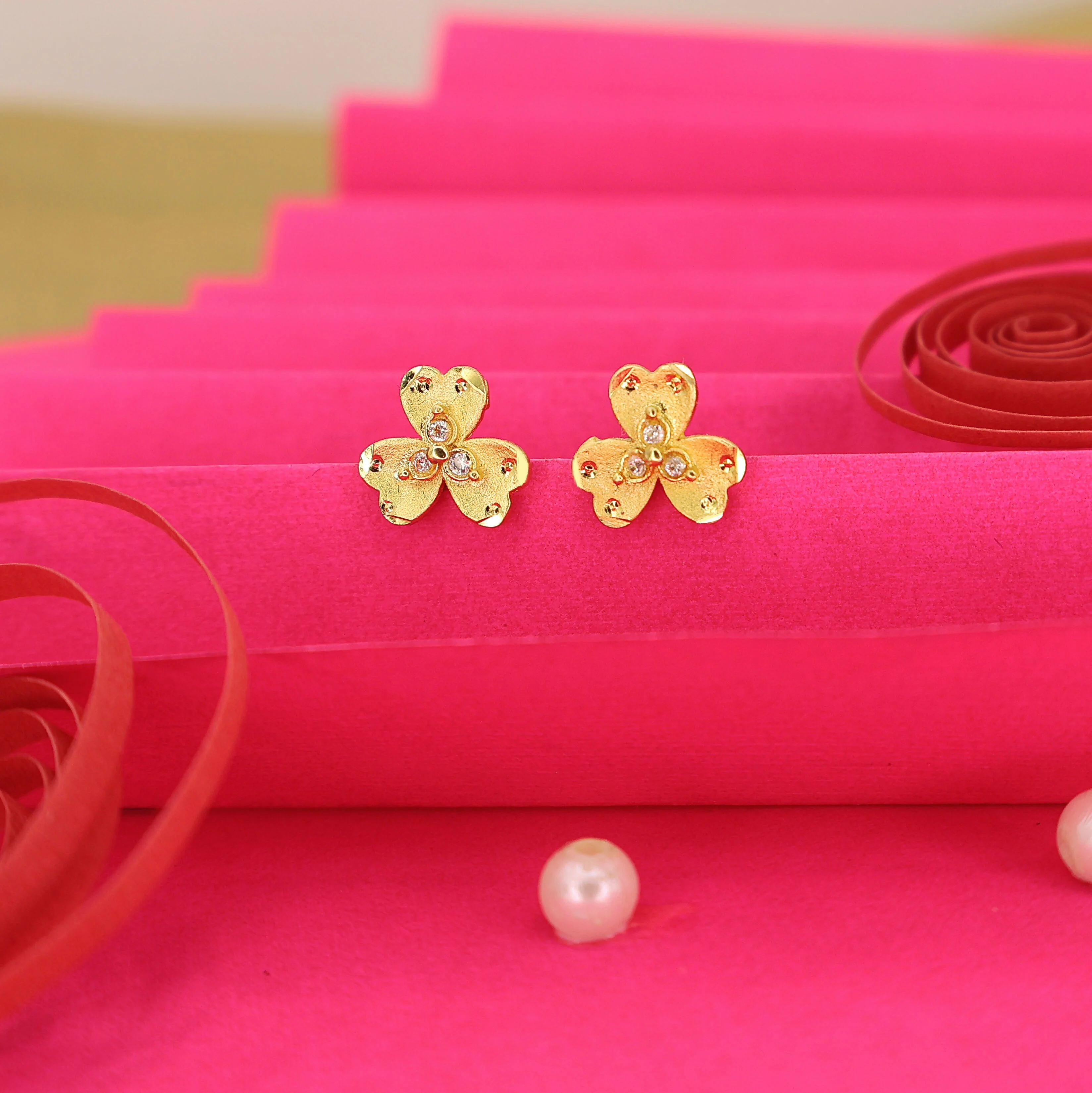 Gold Plated Clover Stud Earrings with AD for women and girls - Image 2