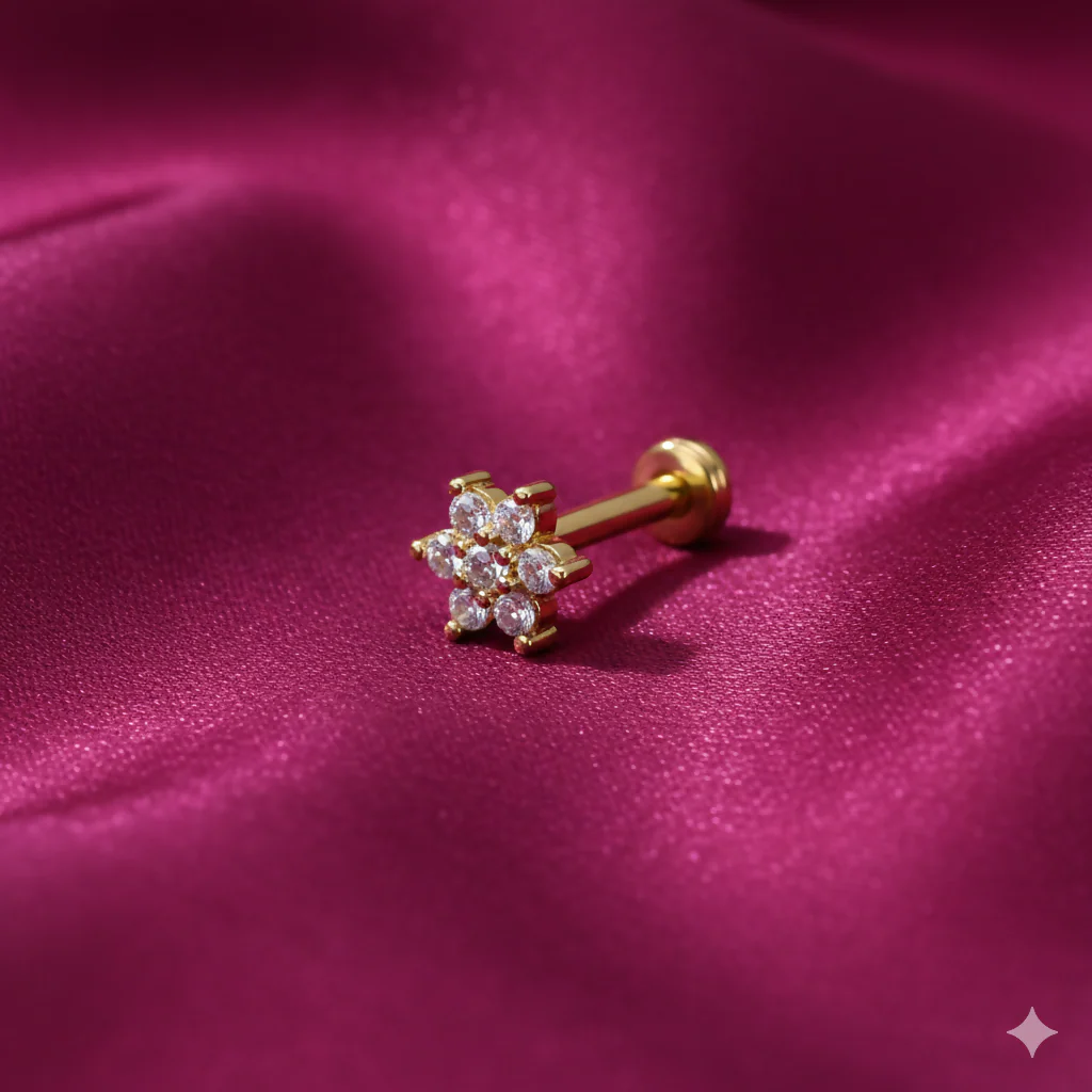 Gold Plated Crystal Flower Labret Flat Back AD Stud Earring Pack of 1 PCS - Image 2