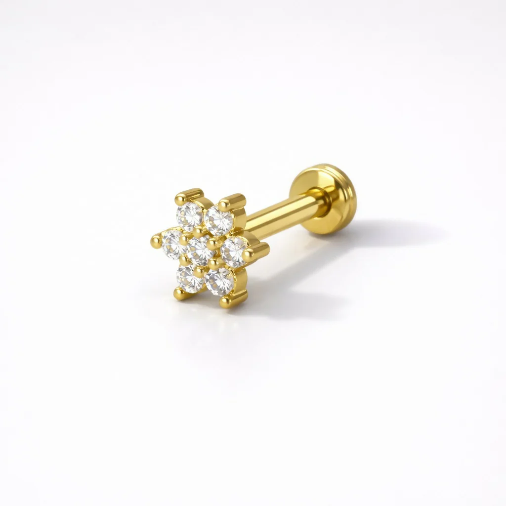 Gold Plated Crystal Flower Labret Flat Back AD Stud Earring Pack of 1 PCS - Image 3