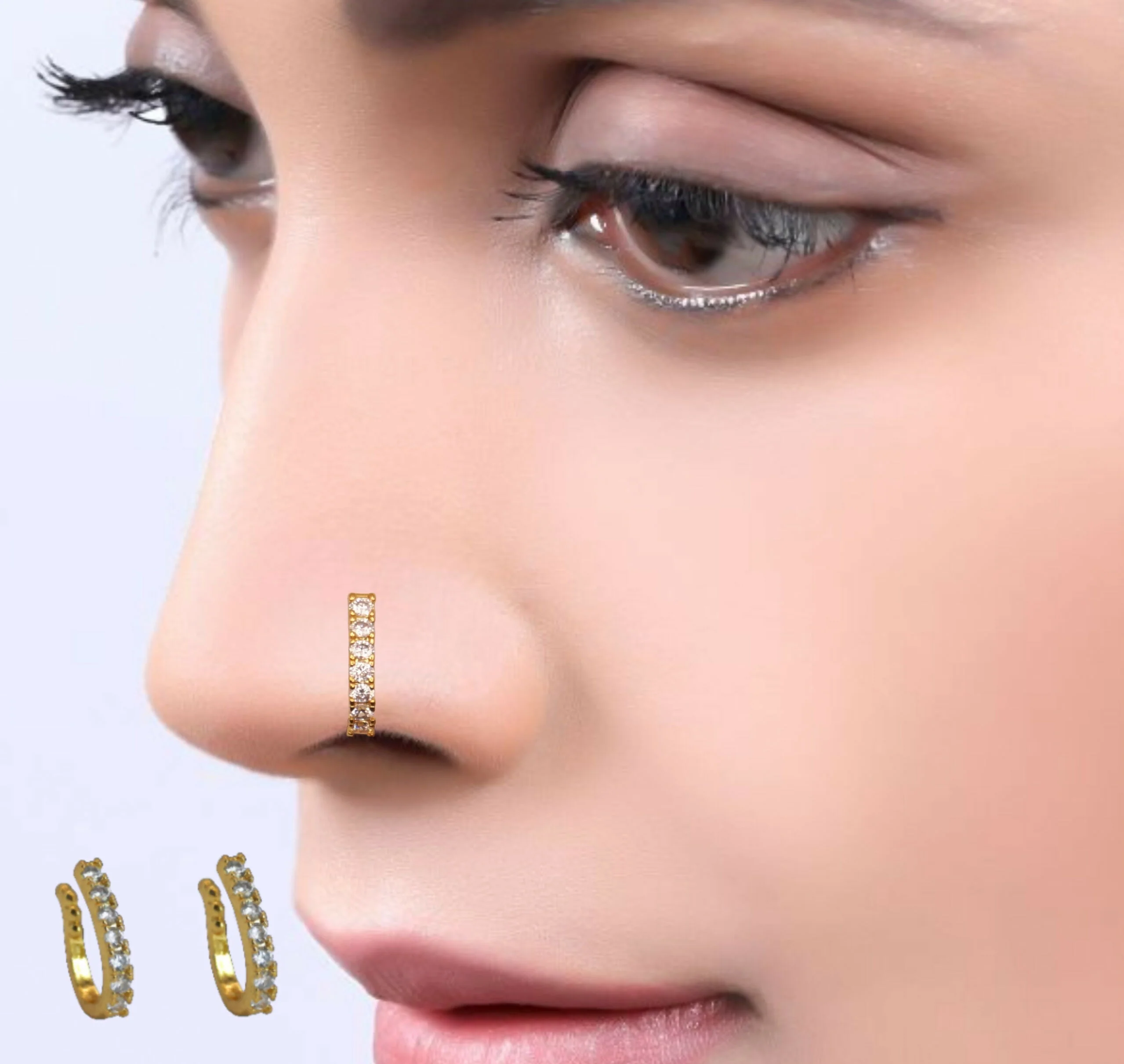Gold-Plated CZ Lined Nose Ring Pair | Stylish Daily Wear Nosepins - Image 5