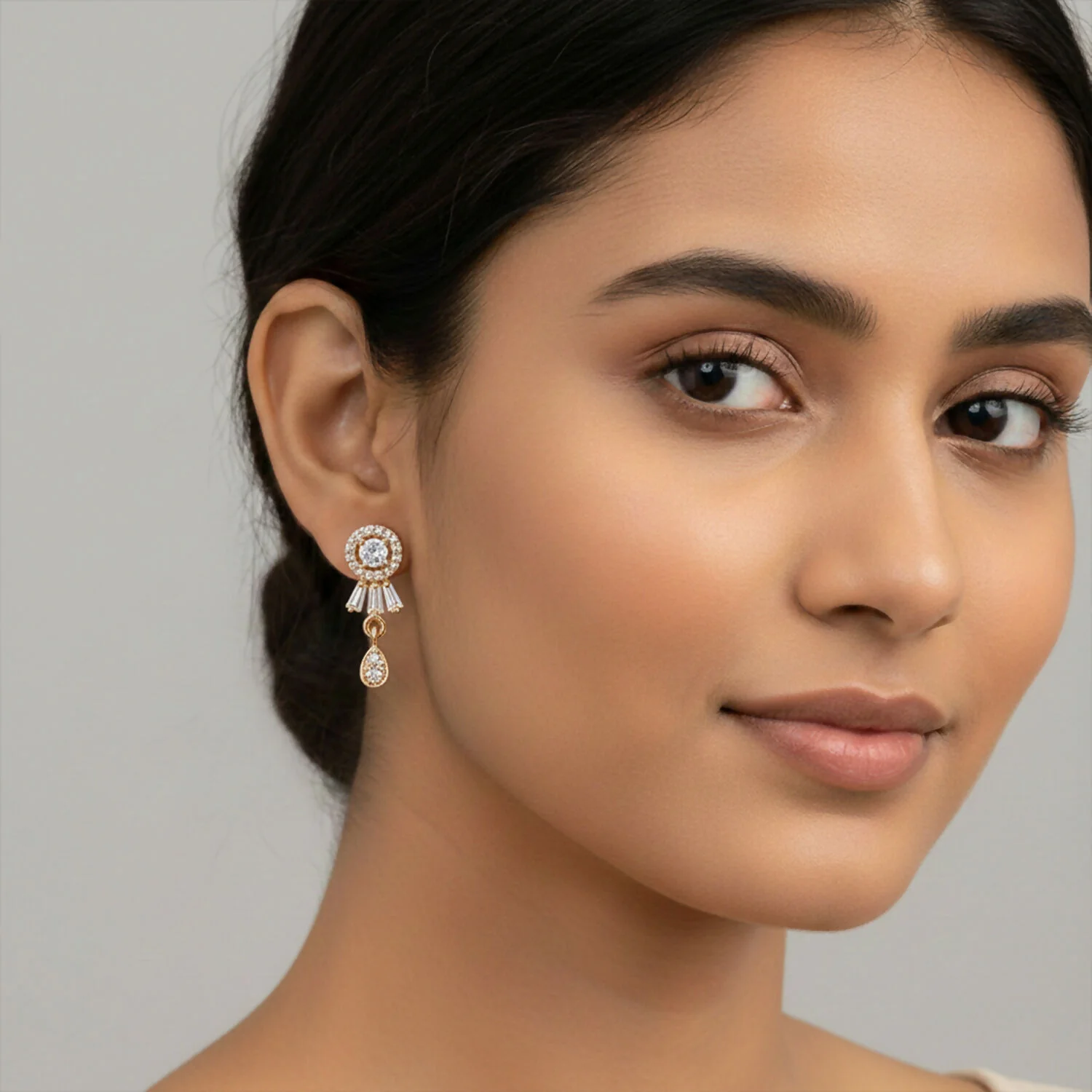 Elegant Gold Finish Round Stud Earrings with Drop Design for Women & Girl - Image 2