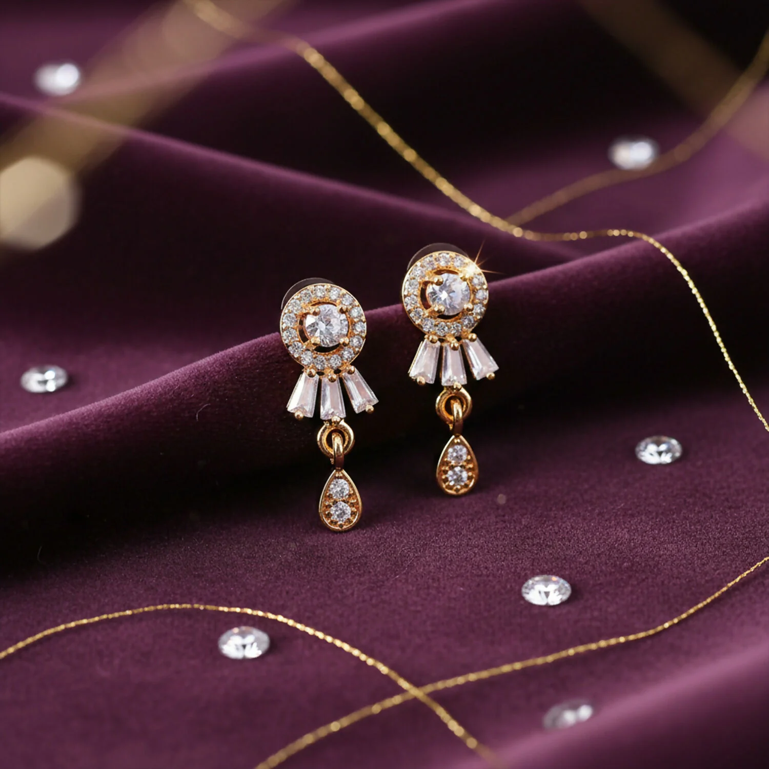 Elegant Gold Finish Round Stud Earrings with Drop Design for Women & Girl - Image 3