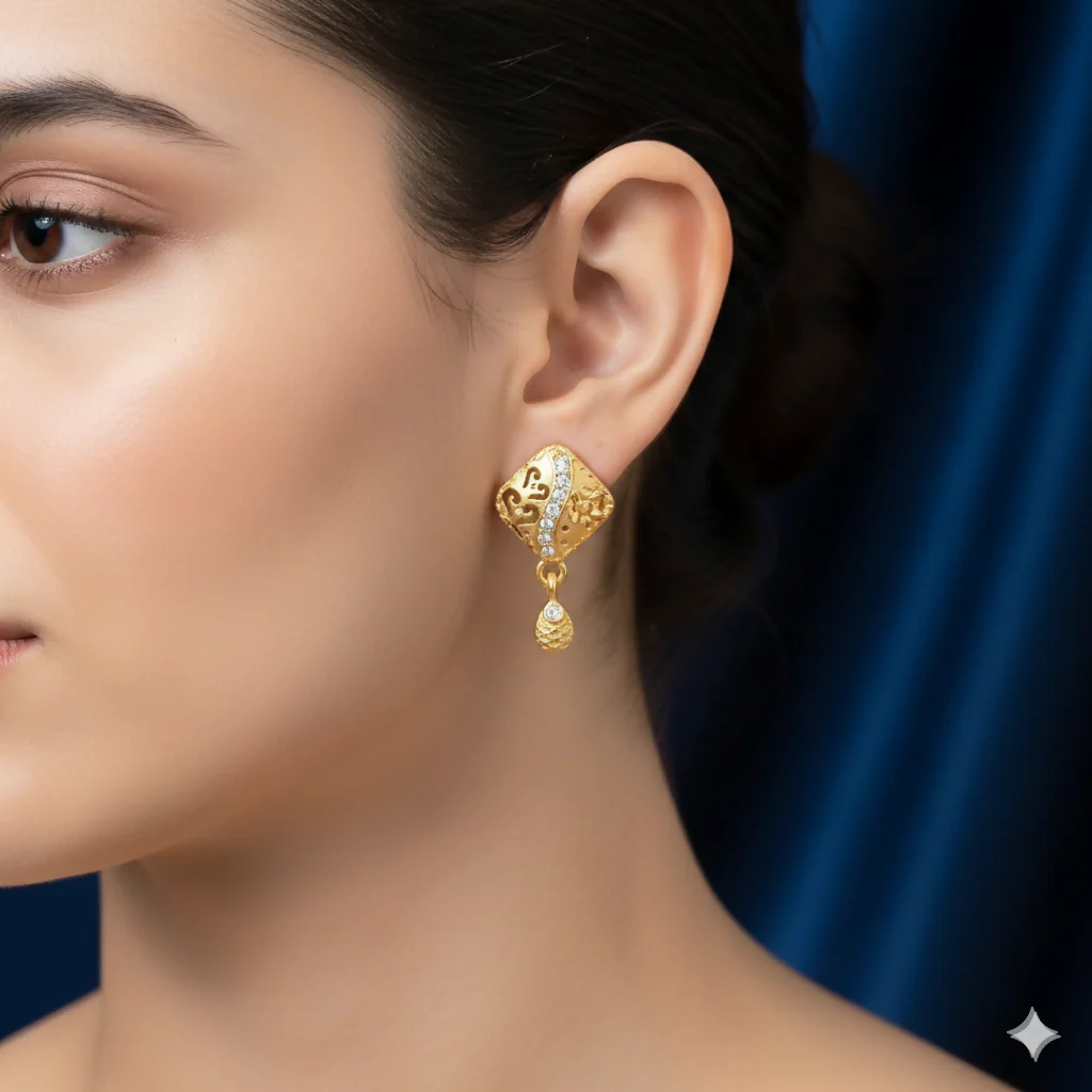 Gold Plated Daily Use Rhombus Drop Earrings with Filigree Detailing and AD - Image 2