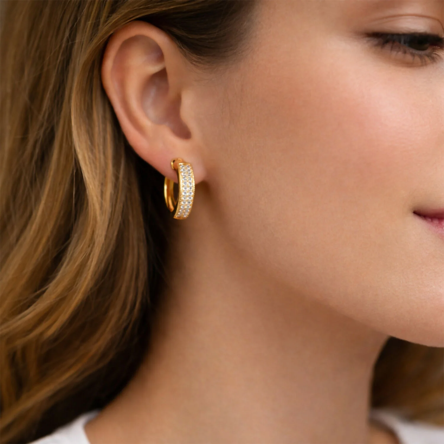 Gold Plated Diamond Hoop Earrings for Women. - Image 2