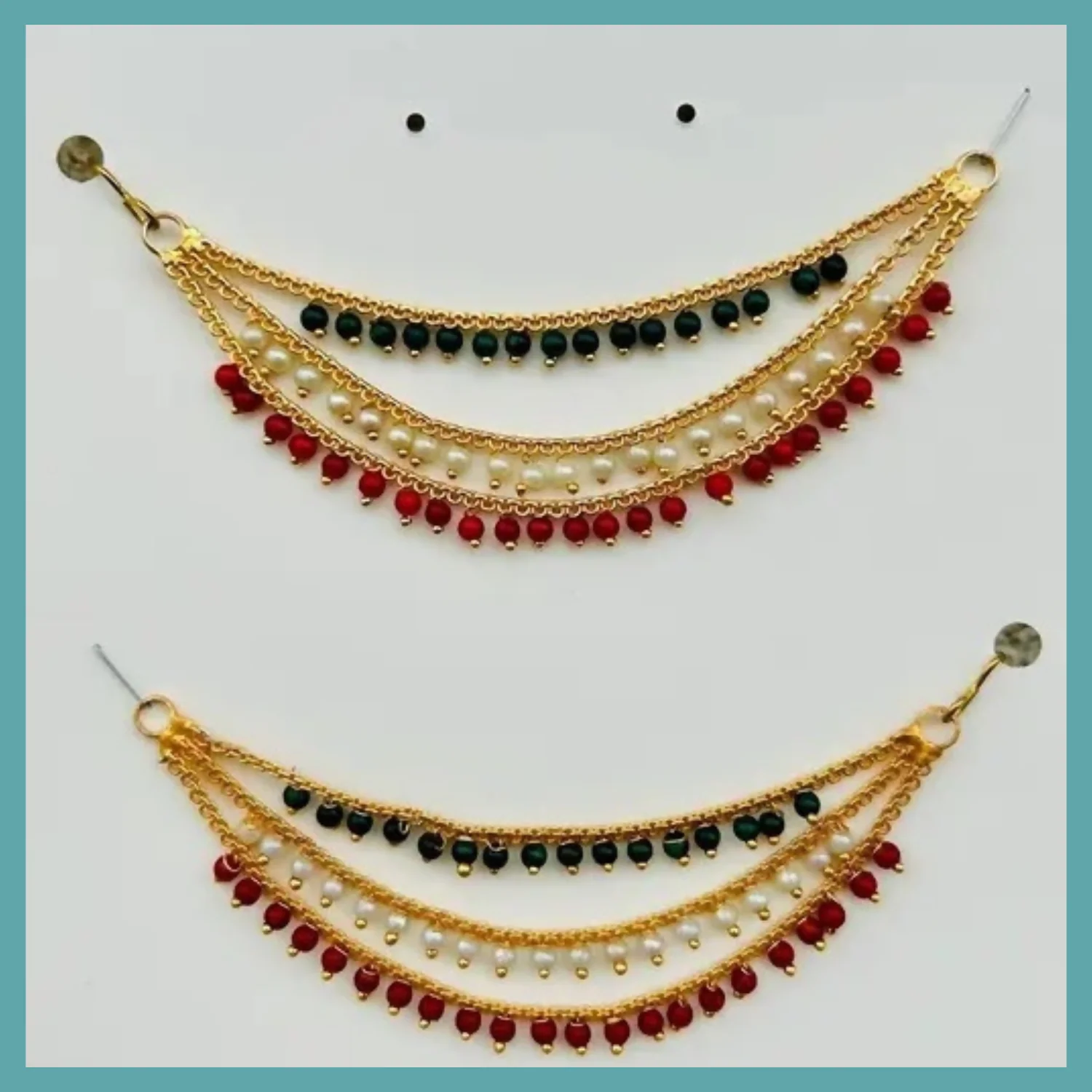 Gold-Plated Ear Chain Kanser with Red Green Beads and Pearls for Women’s Wedding Jewelry - Image 2