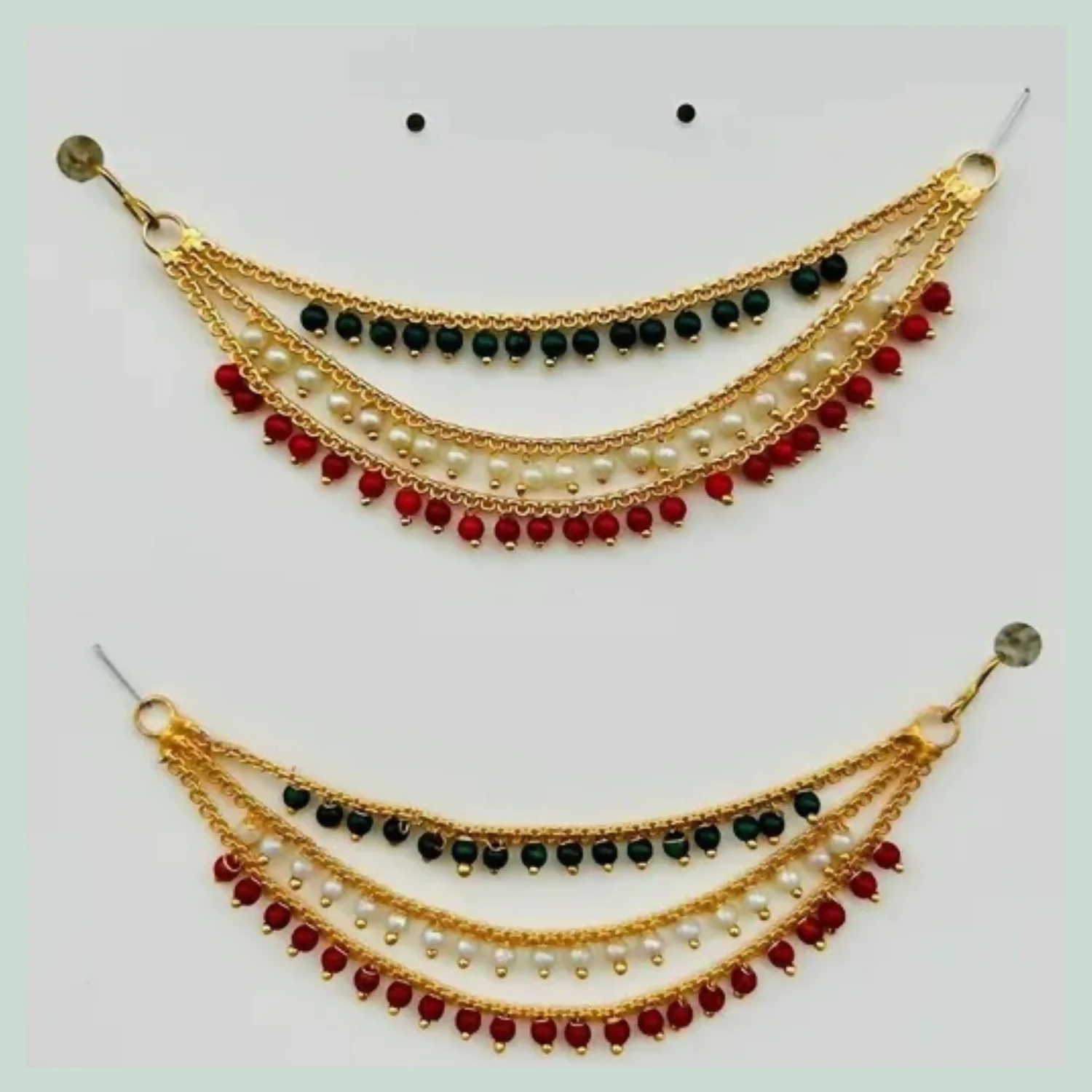 Gold-Plated Ear Chain Kanser with Red Green Beads and Pearls for Women’s Wedding Jewelry - Image 3