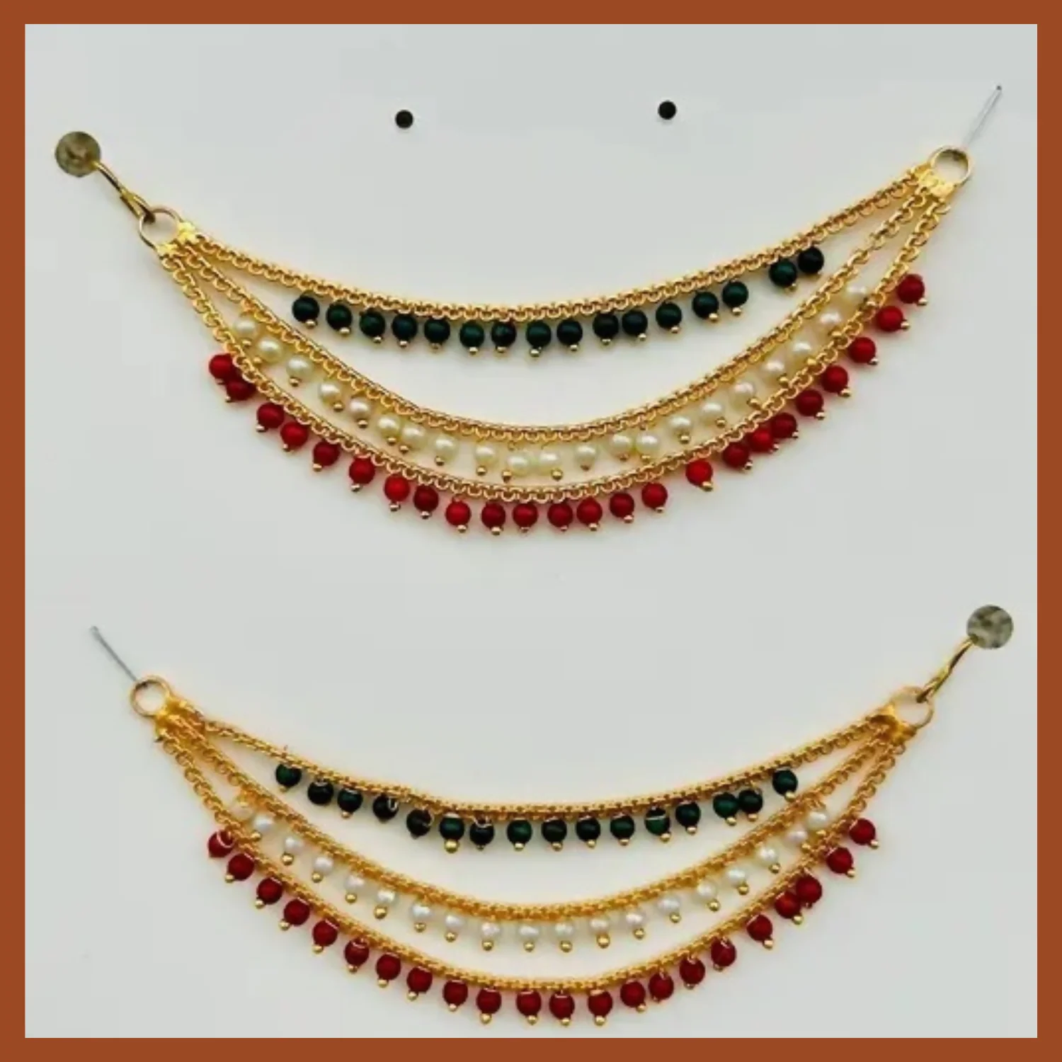 Gold-Plated Ear Chain Kanser with Red Green Beads and Pearls for Women’s Wedding Jewelry - Image 4