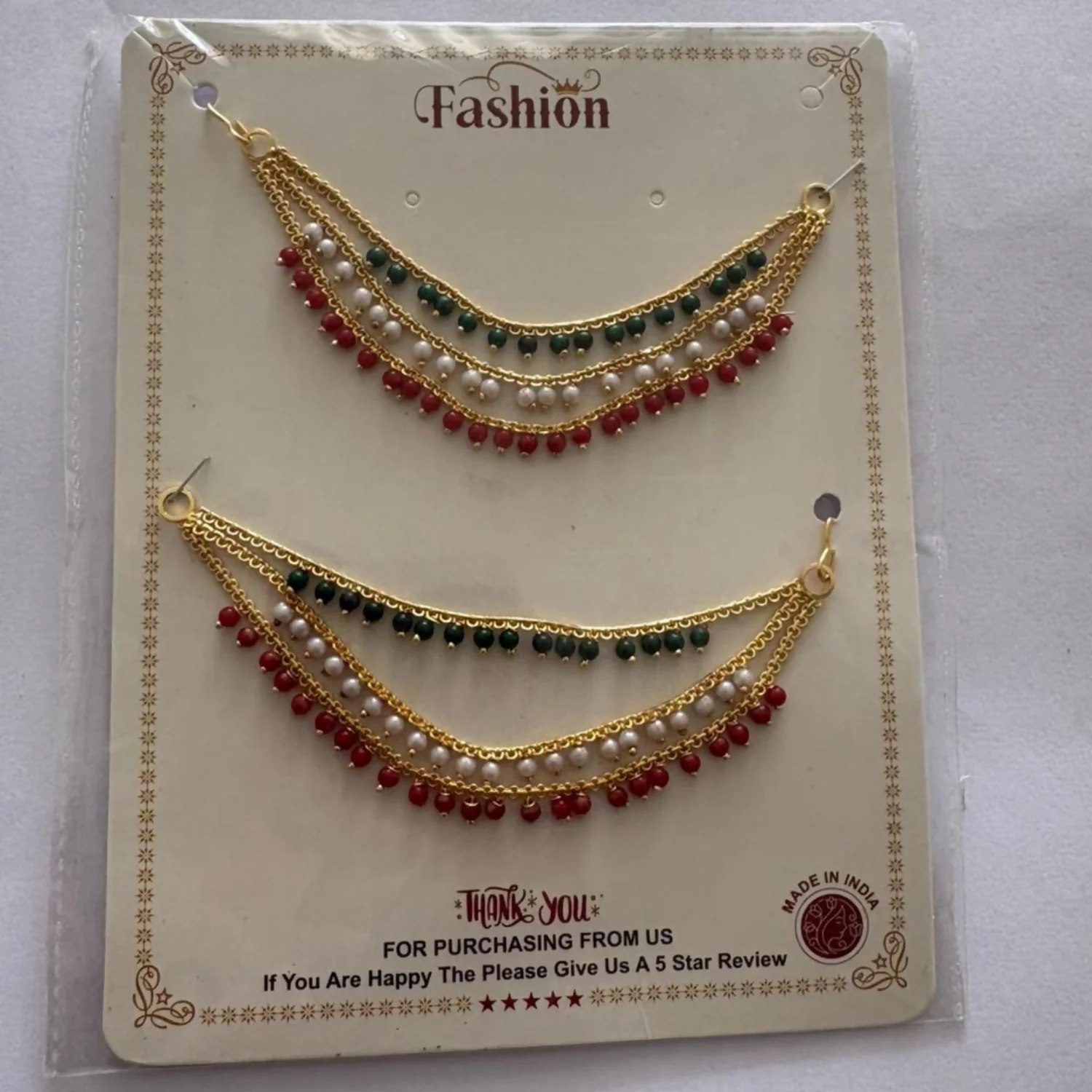 Gold-Plated Ear Chain Kanser with Red Green Beads and Pearls for Women’s Wedding Jewelry - Image 5