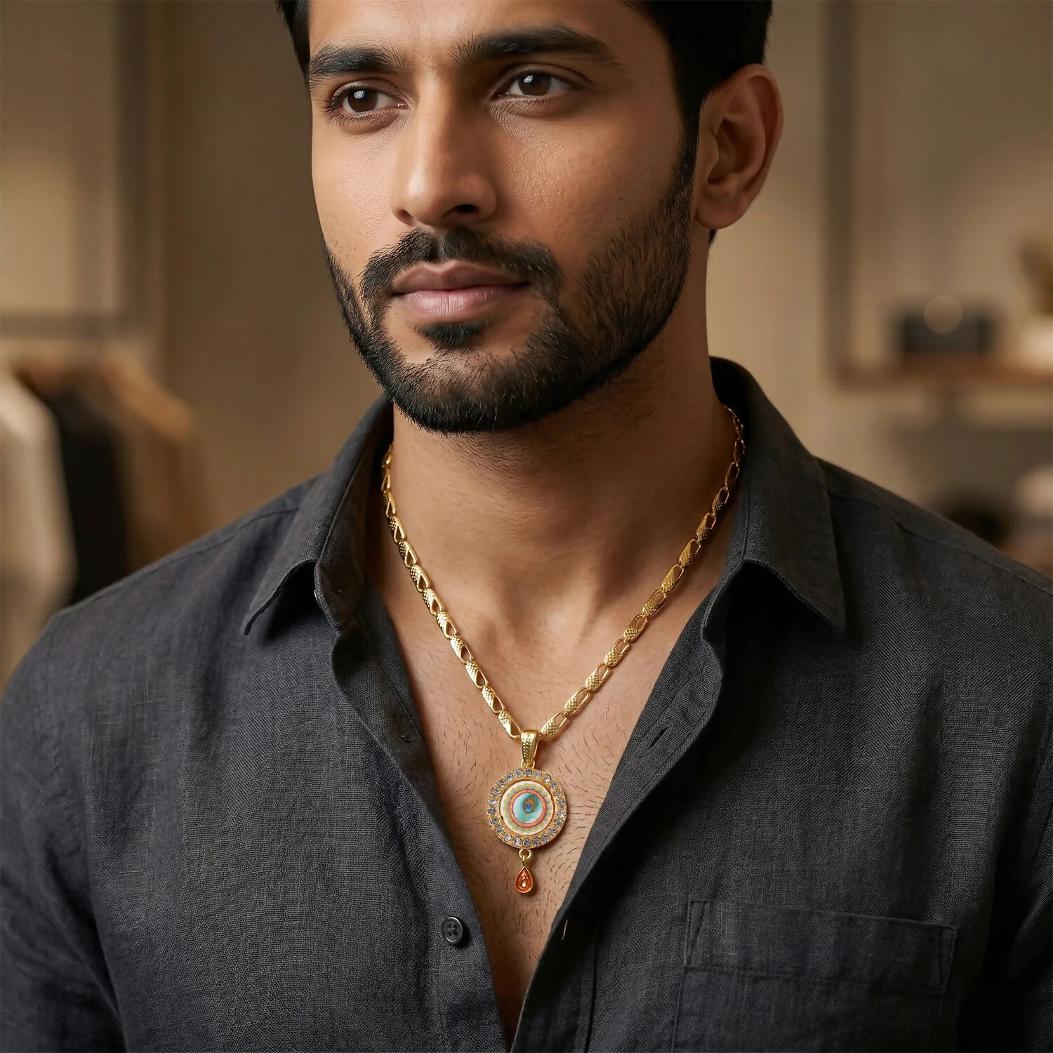 Gold Plated Evil Eye Pendant Necklace with Morpich Crystal Border - Image 2