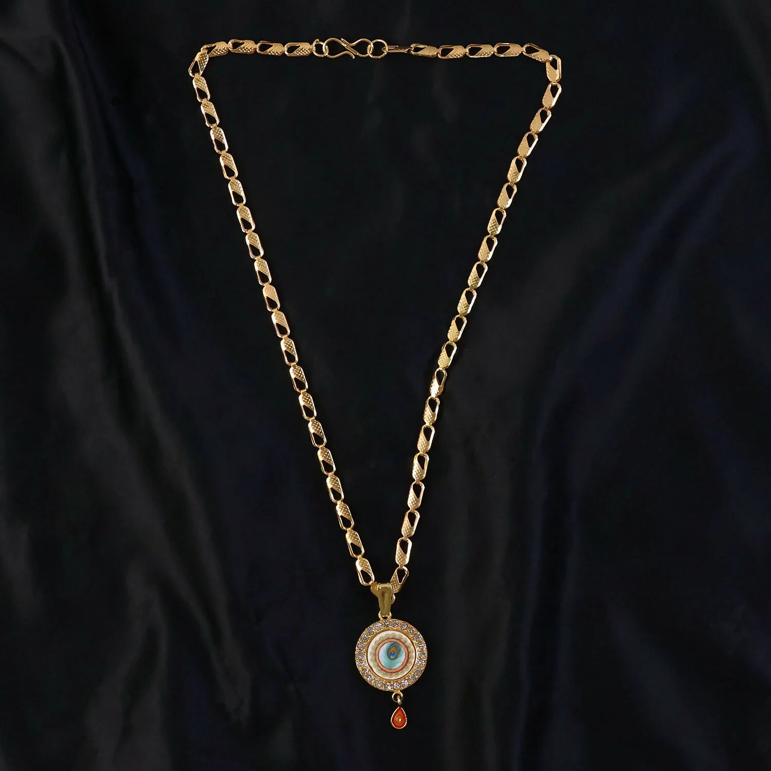 Gold Plated Evil Eye Pendant Necklace with Morpich Crystal Border - Image 3