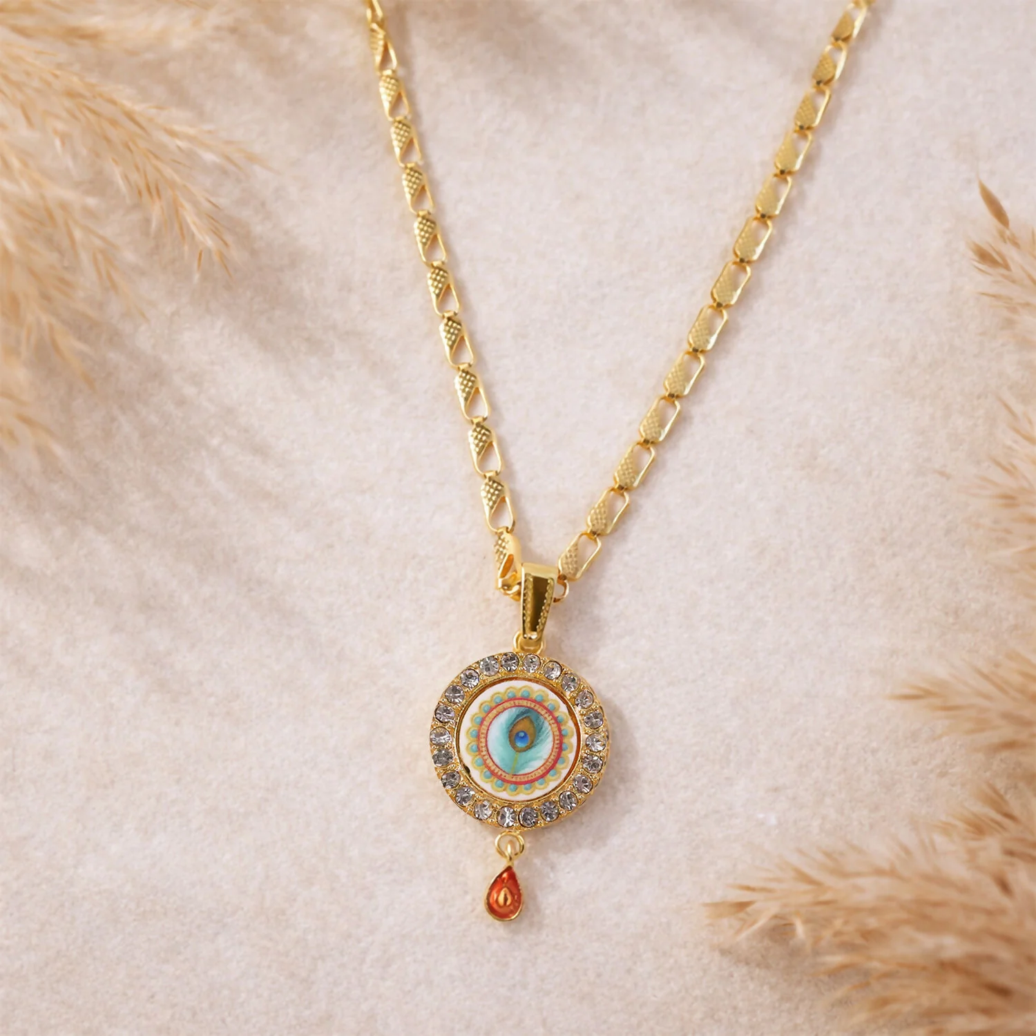 Gold Plated Evil Eye Pendant Necklace with Morpich Crystal Border - Image 4