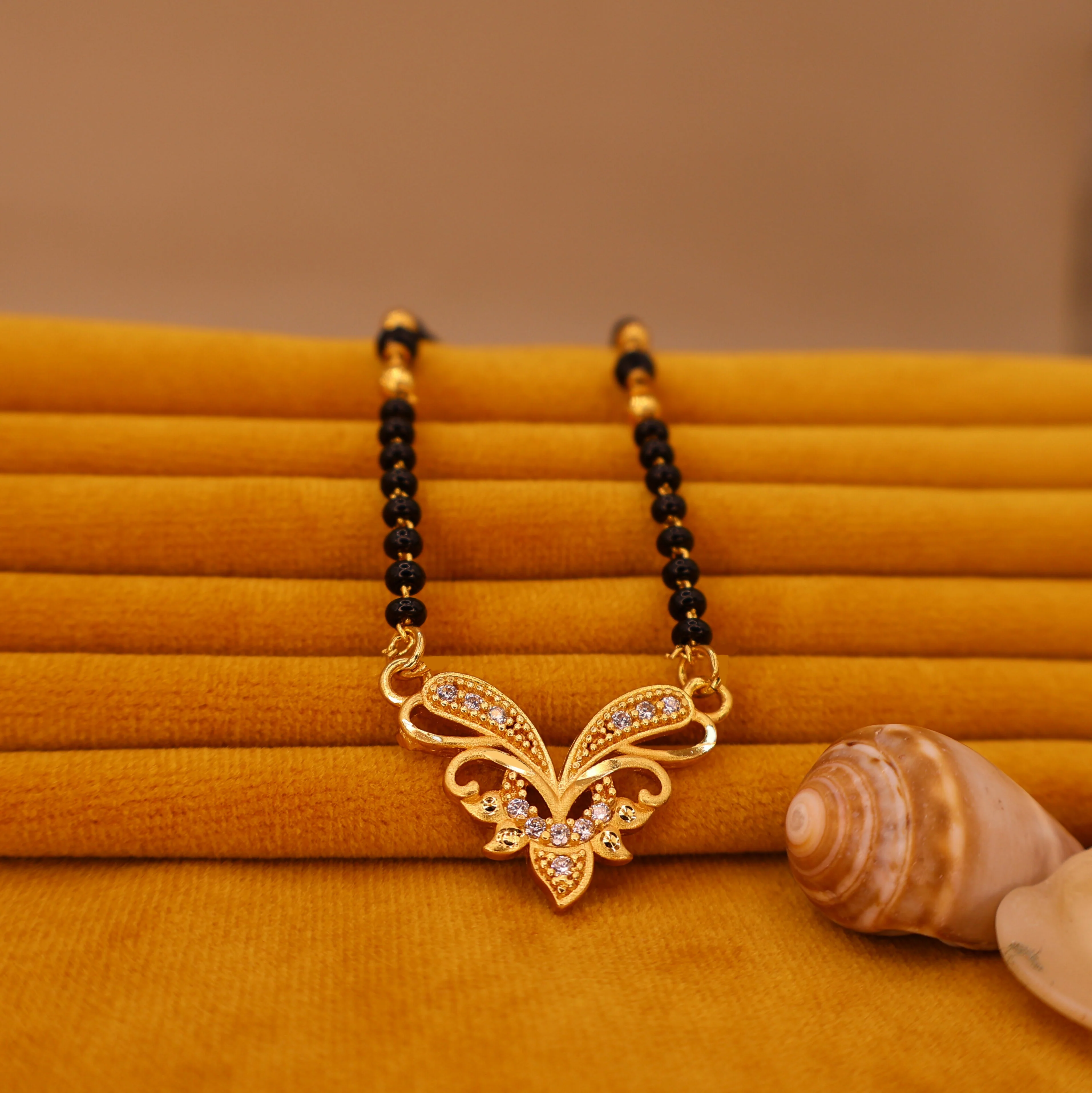 Gold-Plated Floral Butterfly Mangalsutra with Black Beads - Image 2