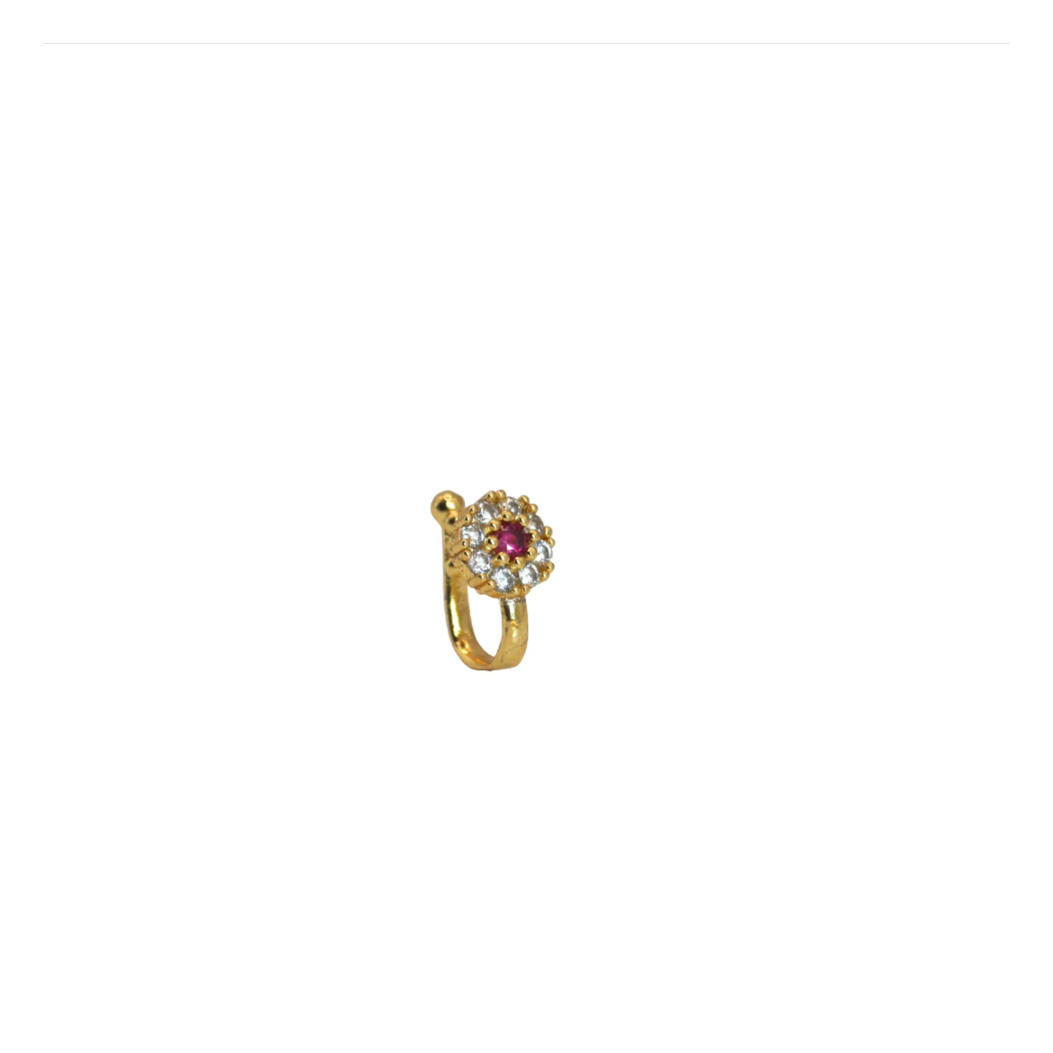 Gold Plated Floral Clip-On Nose Pin | Red & White Stone - Image 3
