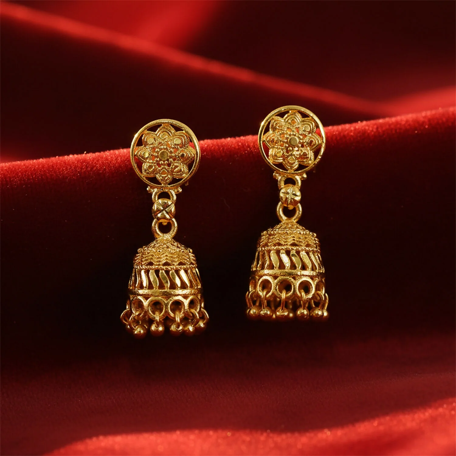 Gold Plated Floral Jhumka Earrings for Women – Traditional Ethnic Party Wear Jewelry - Image 3