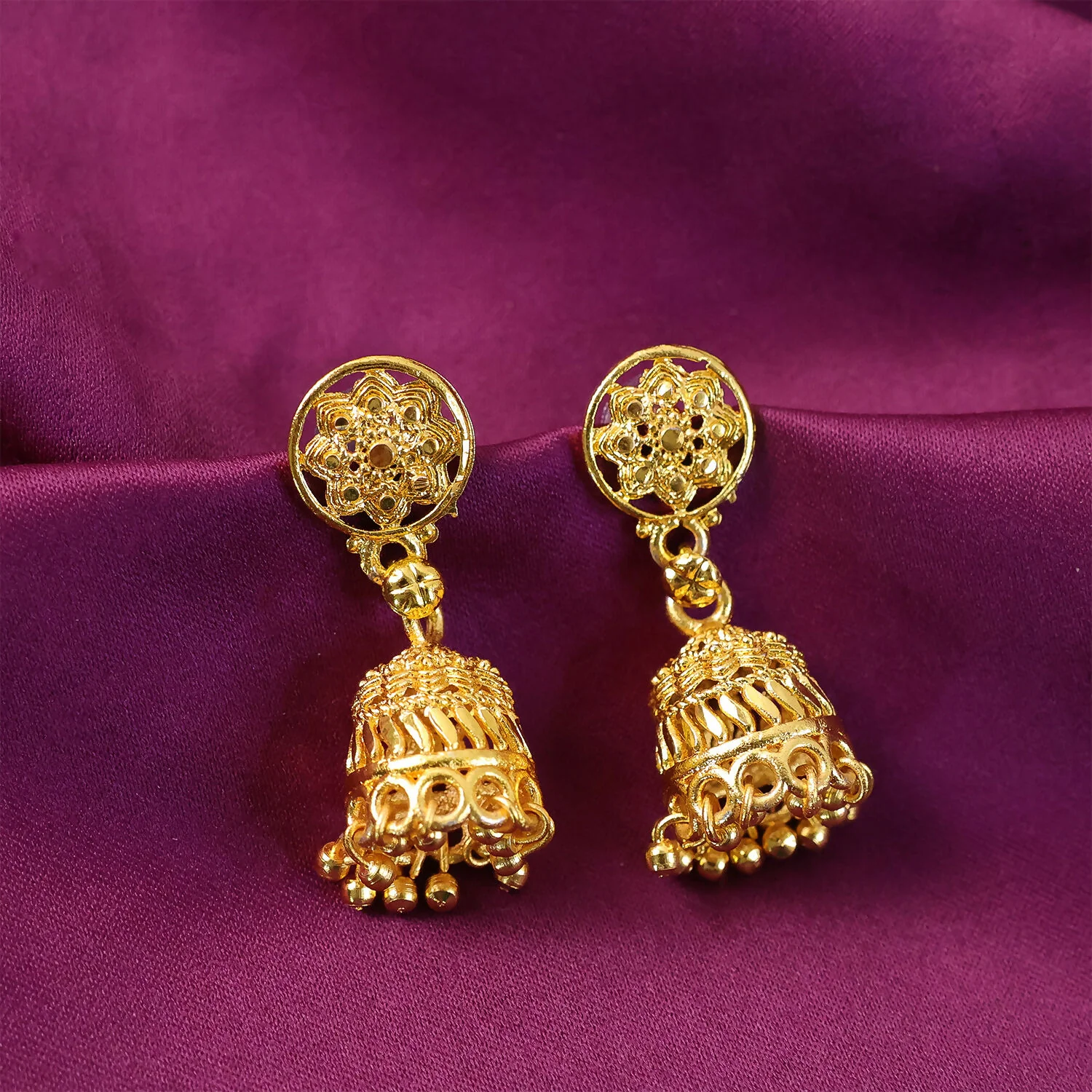Gold Plated Floral Jhumka Earrings for Women – Traditional Ethnic Party Wear Jewelry - Image 4