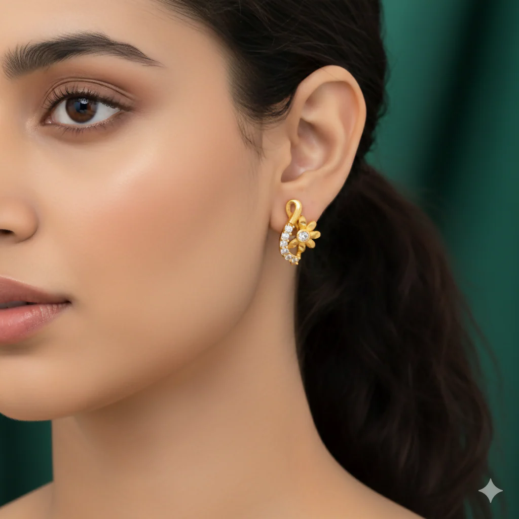Gold Plated Floral S-Curve Stud Earrings with AD for women and girls - Image 2