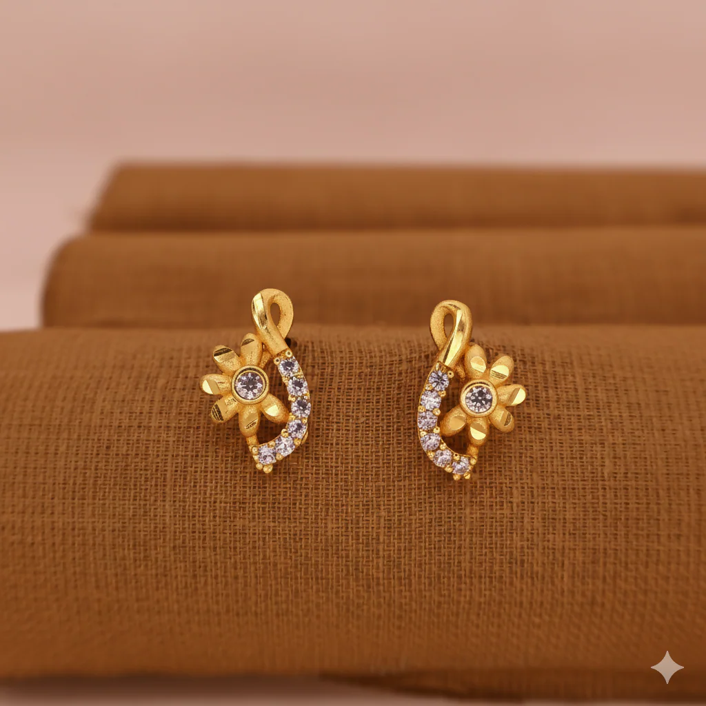 Gold Plated Floral S-Curve Stud Earrings with AD for women and girls - Image 3