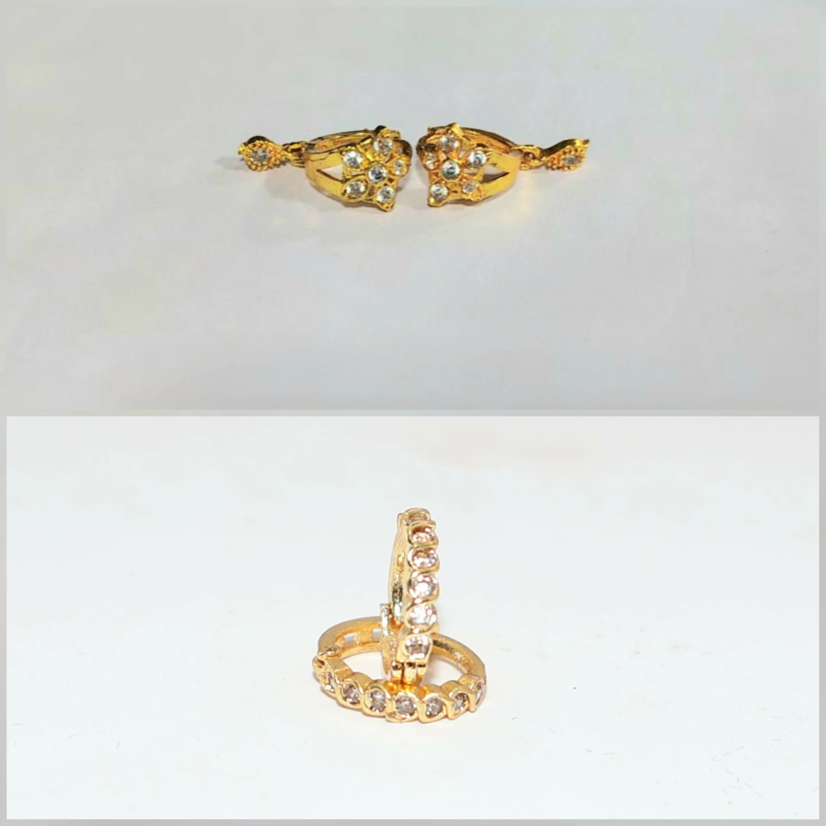 Gold Plated Flower AD Drop Huggie Earrings kan ki bali for women and girls combo pack of 2 - Image 4